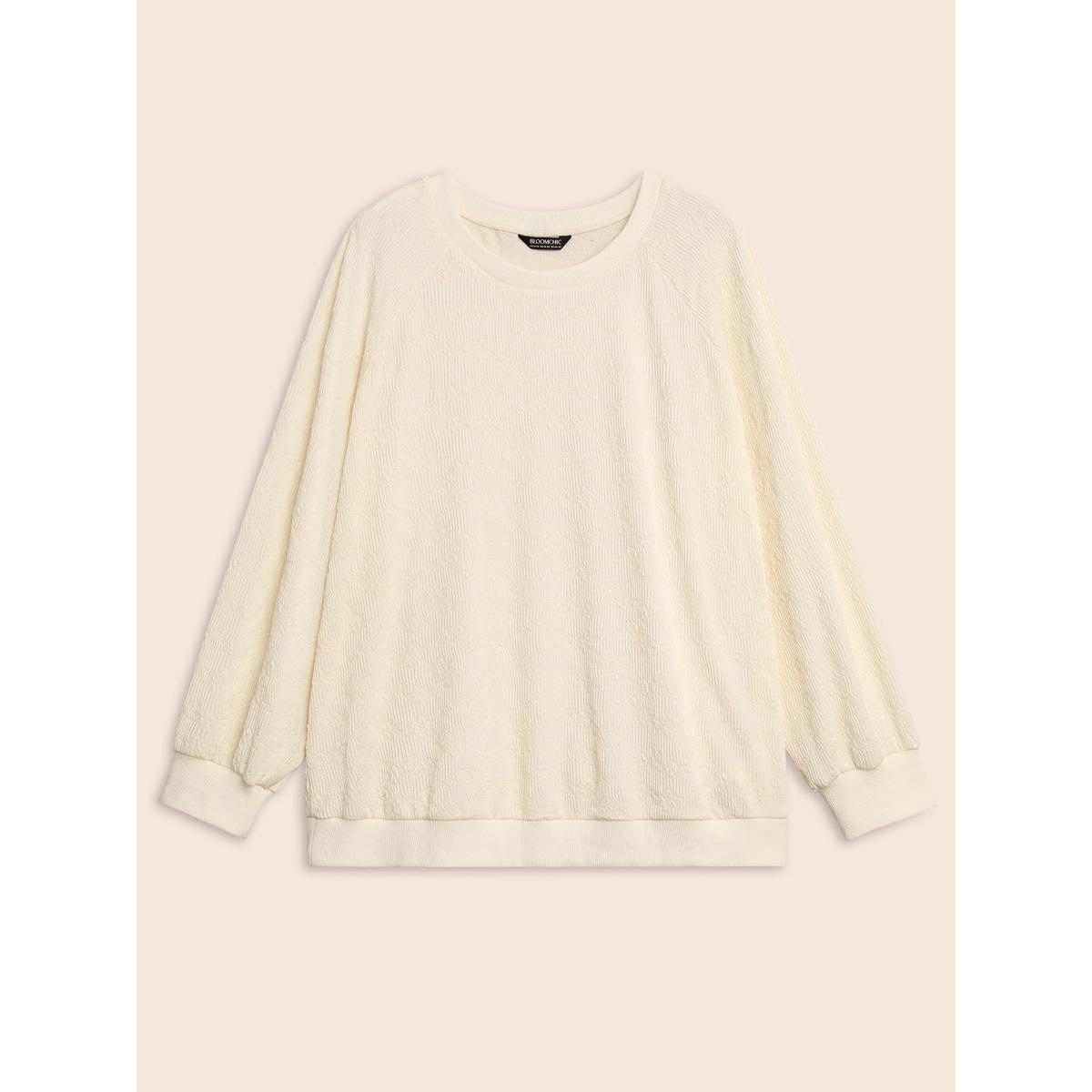 Plus Size Crew Neck Plain Textured Raglan Sleeve Sweatshirt Women Beige Elegant Texture Round Neck Everyday Sweatshirts BloomChic 22-24/3X Product Image