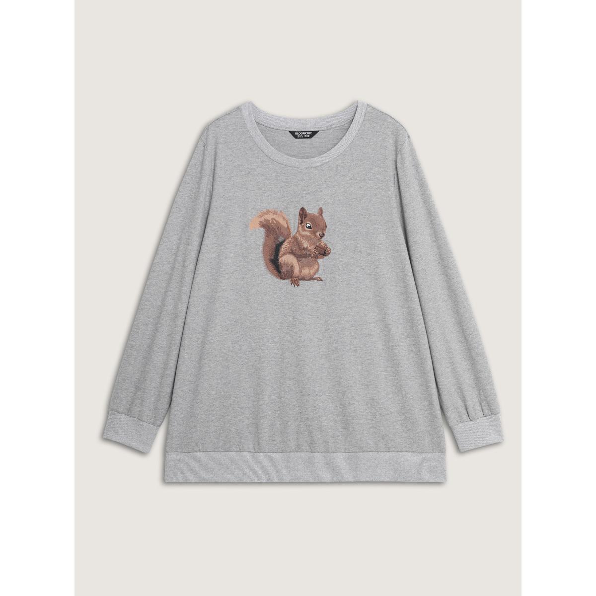Plus Size Supersoft Squirrel Embroidered Sweatshirt Women DarkGray Leisure Embroidered Round Neck Casual Sweatshirts BloomChic 26/4X Product Image