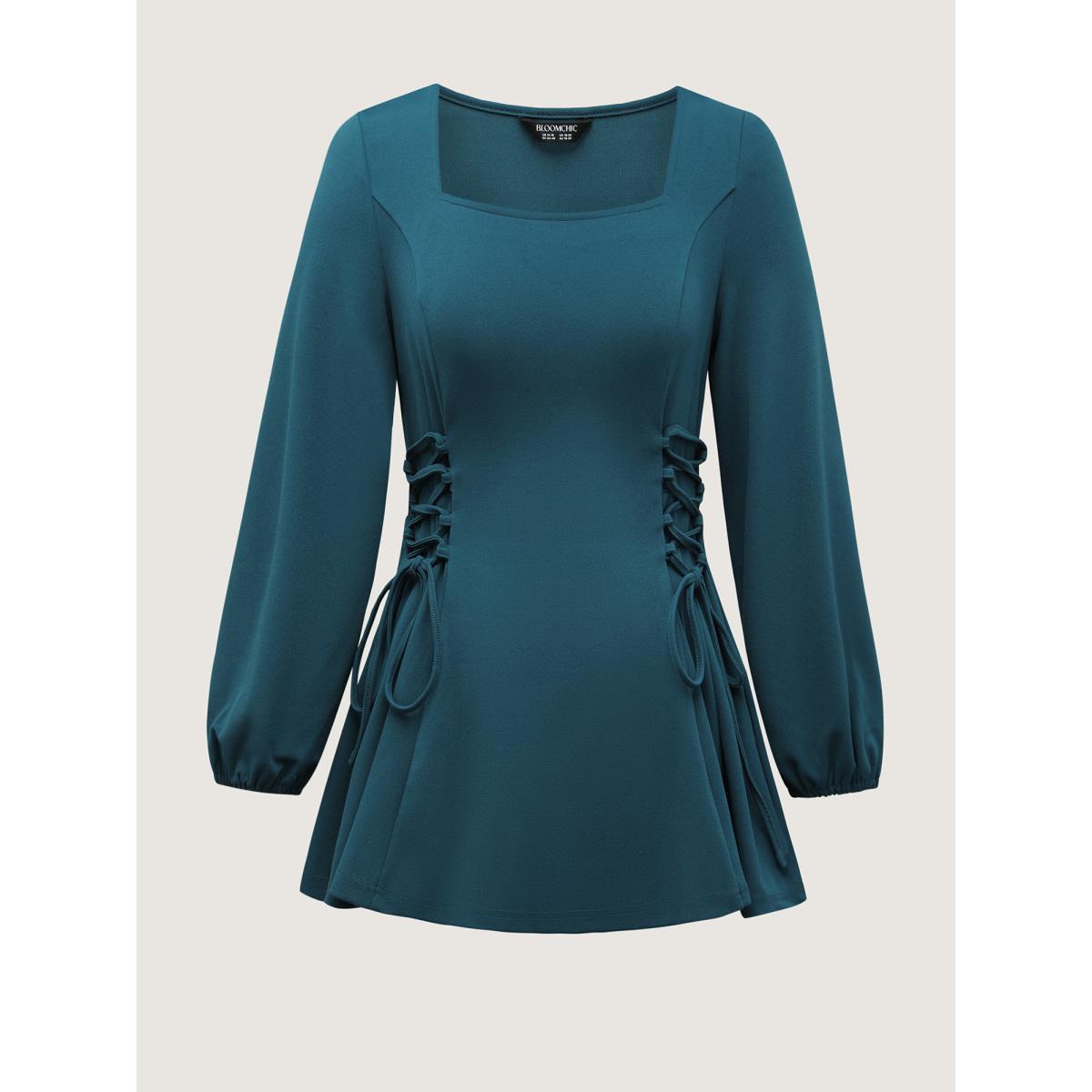 Plus Size Aegean Cinched-Waist Cross-Tie Stretchy Blouse Women Office Extra Long Sleeve Square Neck Office Blouses BloomChic 14-16/1X Product Image