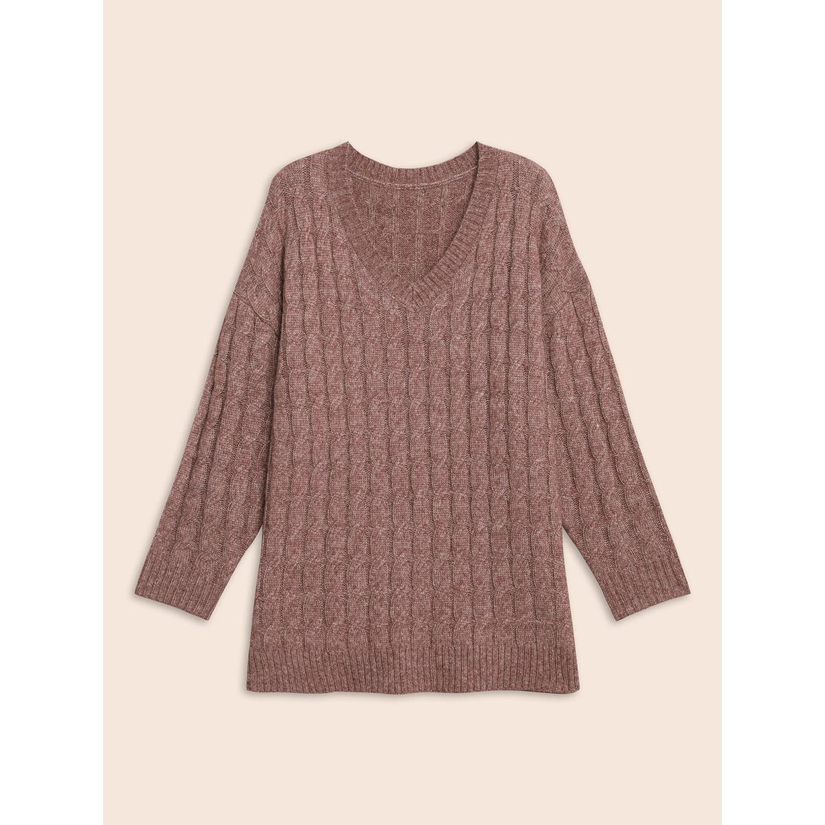 Plus Size Heather Texture Cable Knit Pullover Plum Women Casual Long Sleeve V-neck Everyday Pullovers BloomChic 28/5X Product Image