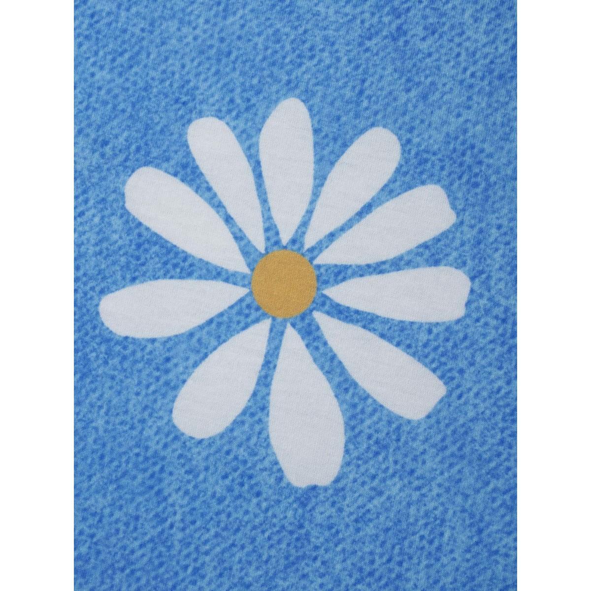 Plus Size Stretchy Floral Print Round Neck T-shirt LightBlue Women Playful Non Natural Flowers Round Neck Casual T-shirts BloomChic 10/M Product Image