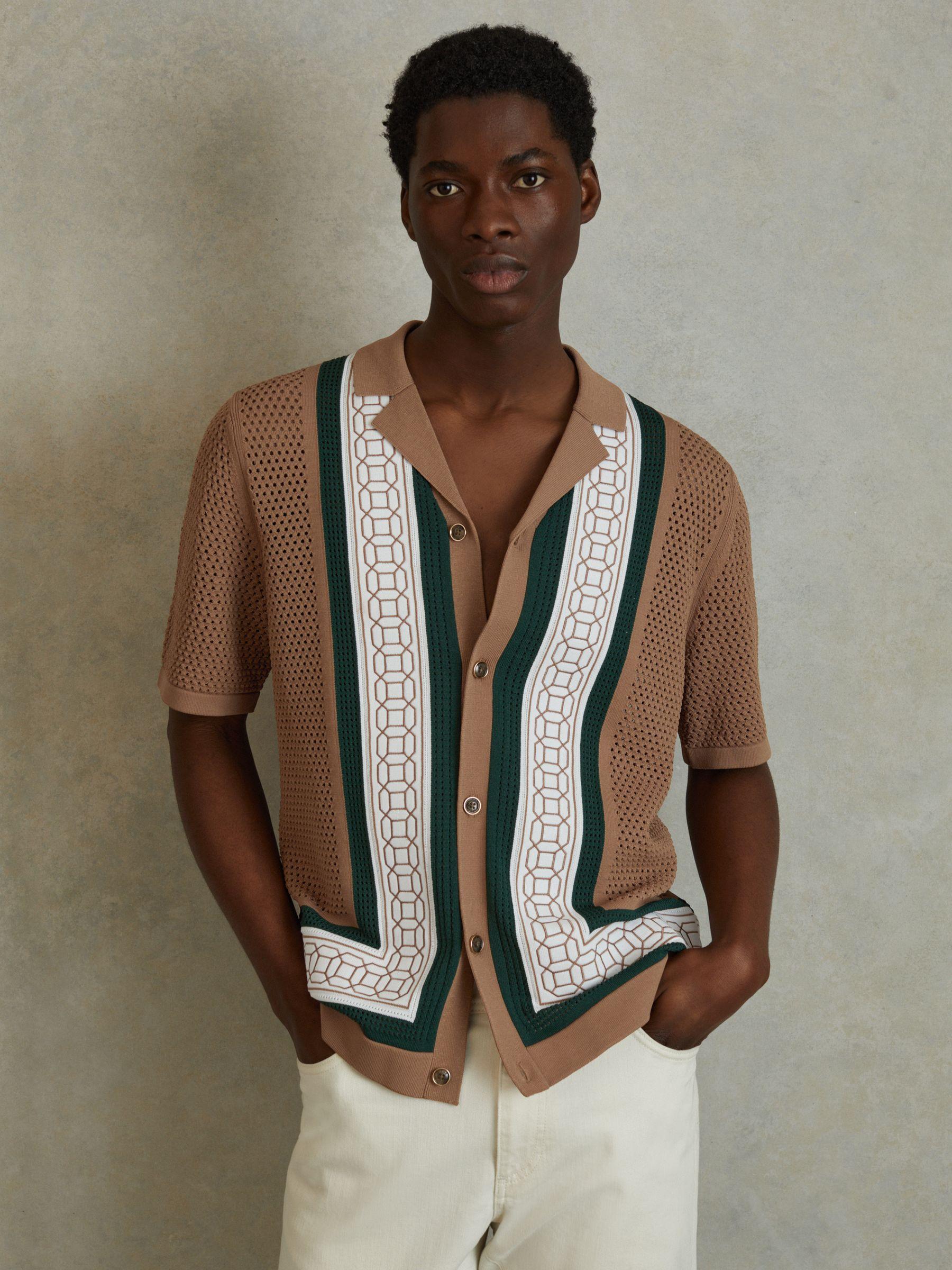 Embroidered Cuban Collar Shirt in Camel/Green Product Image