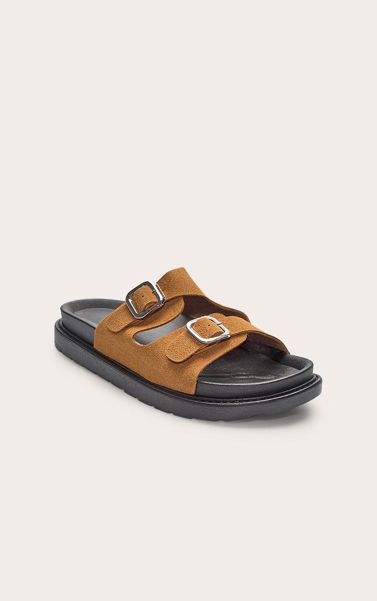 Camel Faux Suede Double Buckle Footbed Sandals Product Image
