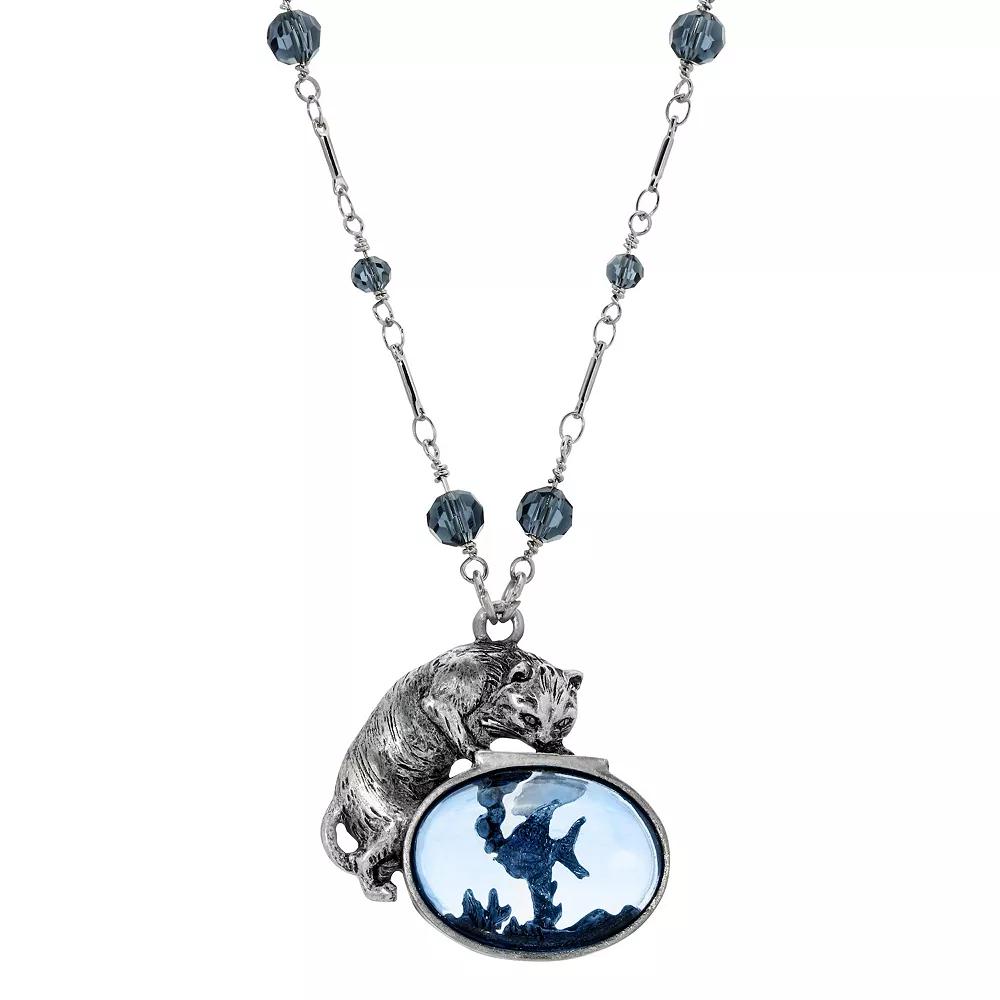 1928 Silver Tone Montana Blue Beaded Cat & Fish Necklace, Womens Product Image