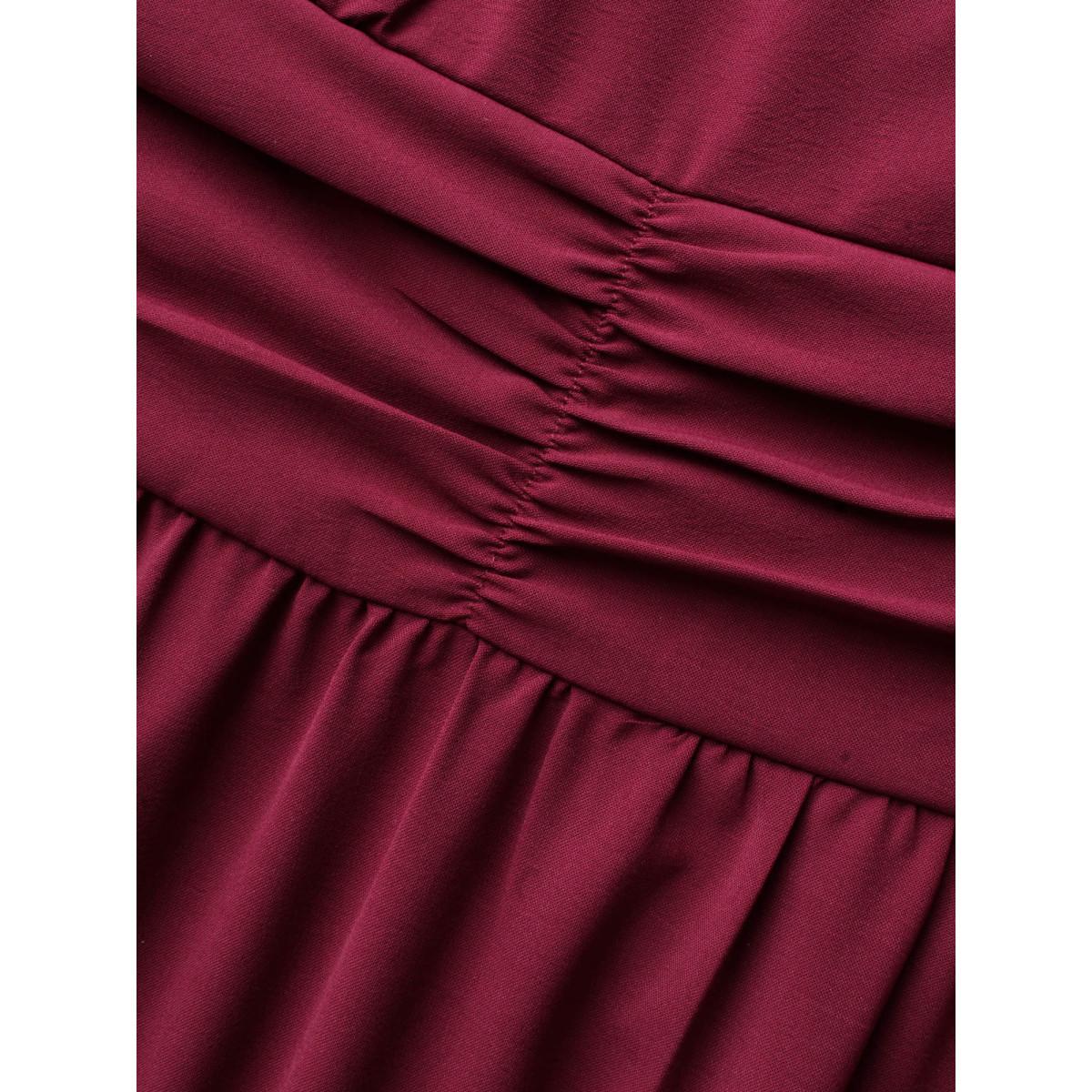 Plus Size Overlap Collar Ruched Lantern Sleeve Maxi Dress Burgundy Women Elegant Gathered Overlap Collar Long Sleeve Curvy BloomChic 18-20/2X Product Image
