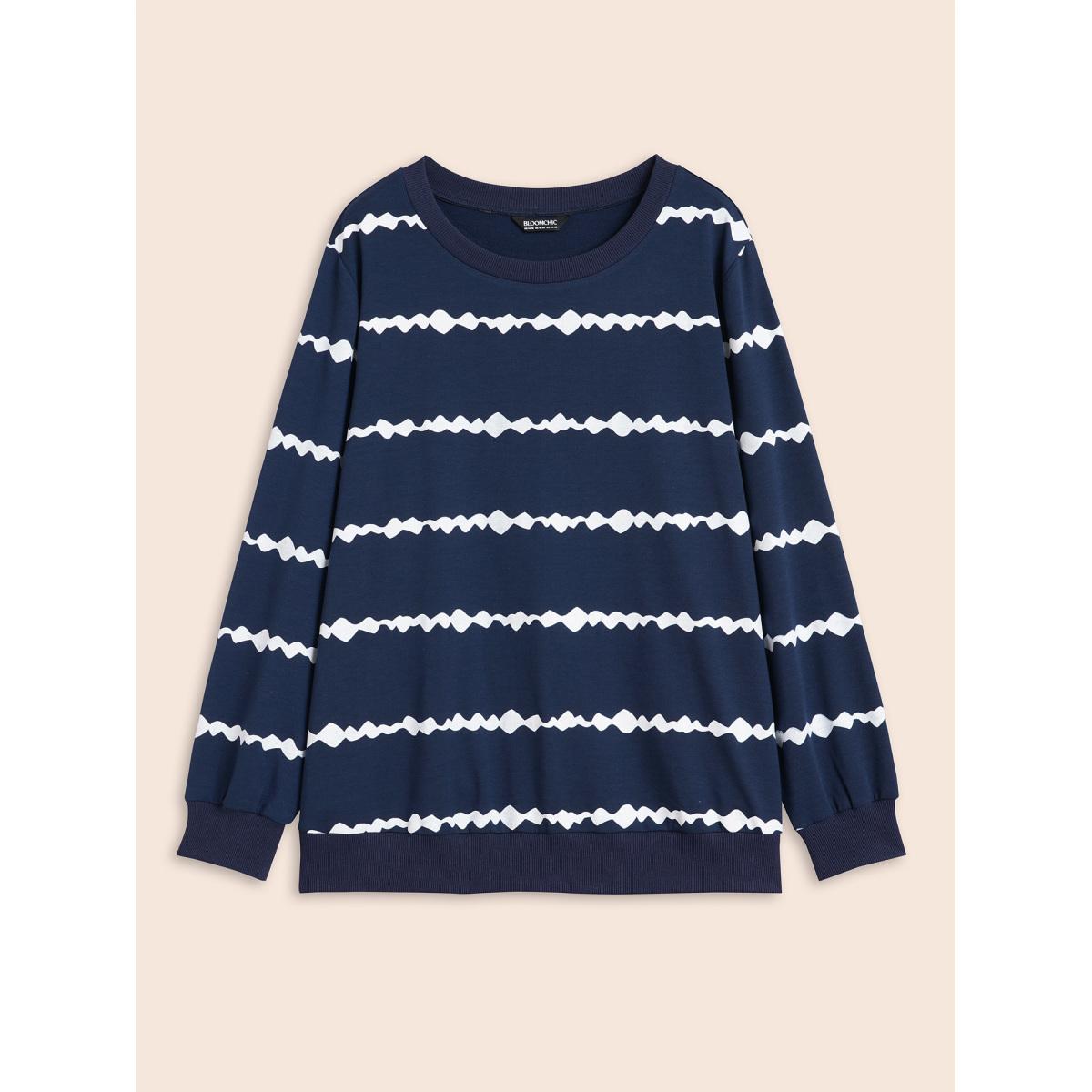 Plus Size Round Neck Asymmetrical Striped Sweatshirt Women Midnight Casual Contrast Round Neck Everyday Sweatshirts BloomChic 14-16/1X Product Image