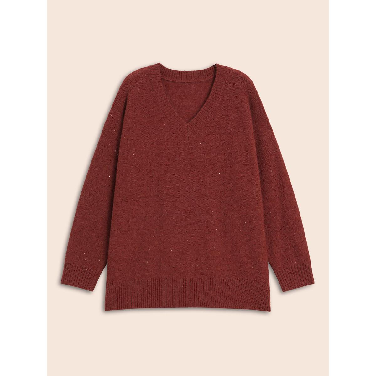 Plus Size V Neck Glitter Dropped Shoulder Split Hem Pullover Deepred Women Casual Loose Long Sleeve V-neck Everyday Pullovers BloomChic 14-16/1X Product Image