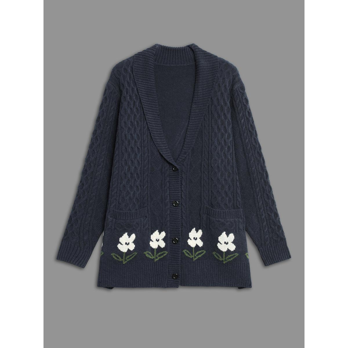 Plus Size Floral Jacquard Cable Knit Pocket Cardigan Indigo Women Casual Loose Long Sleeve Everyday Cardigans BloomChic 14-16/1X Product Image