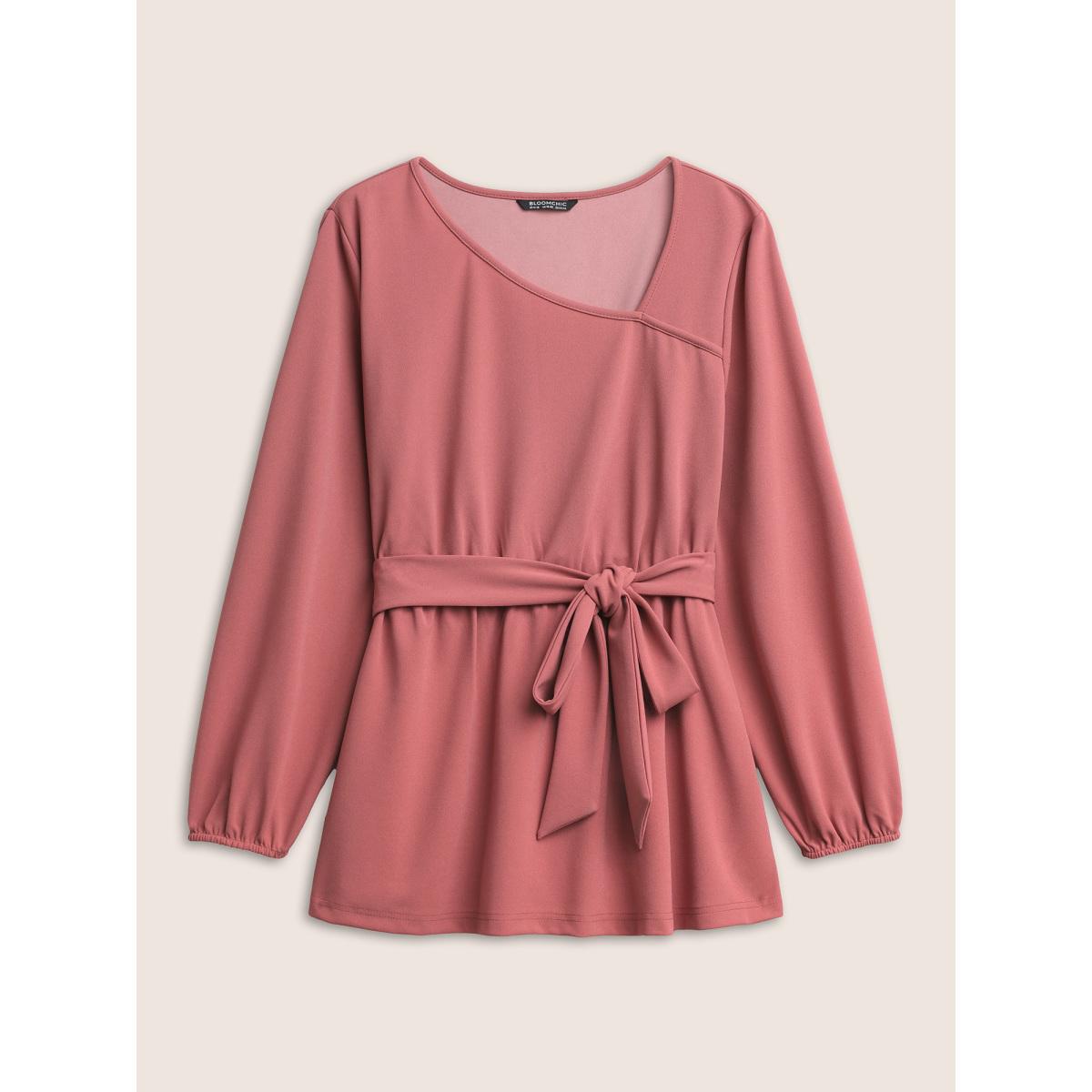 Plus Size DustyPink Asymmetrical Neck Belted Lantern Sleeve Blouse Women Work From Home Long Sleeve Asymmetrical Neck Work Blouses BloomChic 28/5X Product Image