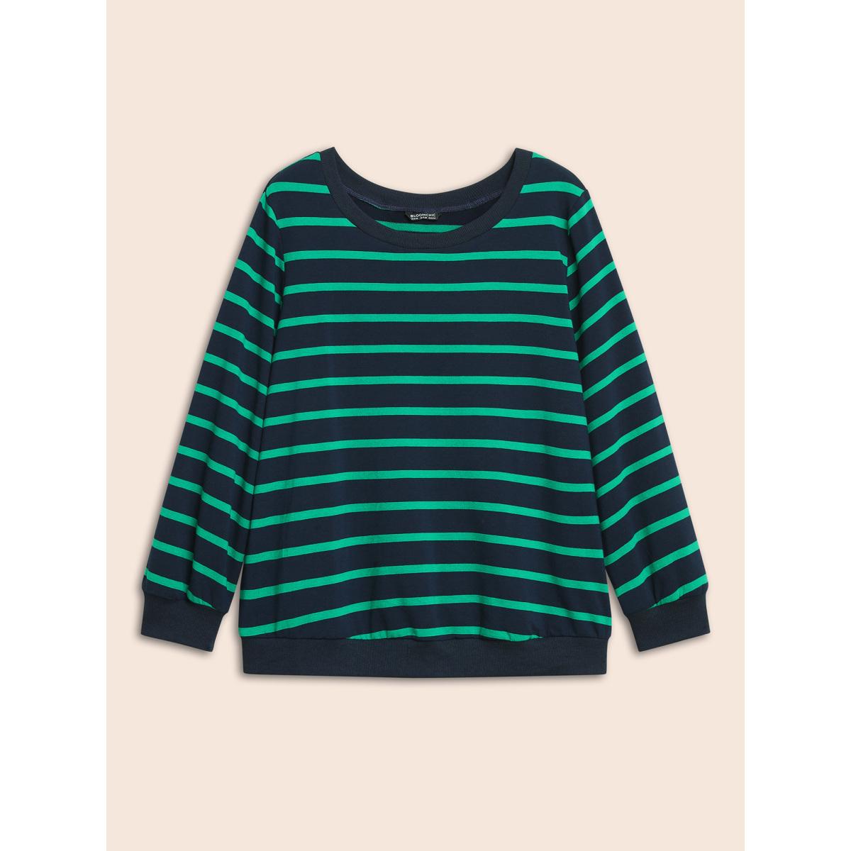 Plus Size Round Neck Striped Stretchy Sweatshirt Women Midnight Casual Contrast Round Neck Everyday Sweatshirts BloomChic 26/4X Product Image