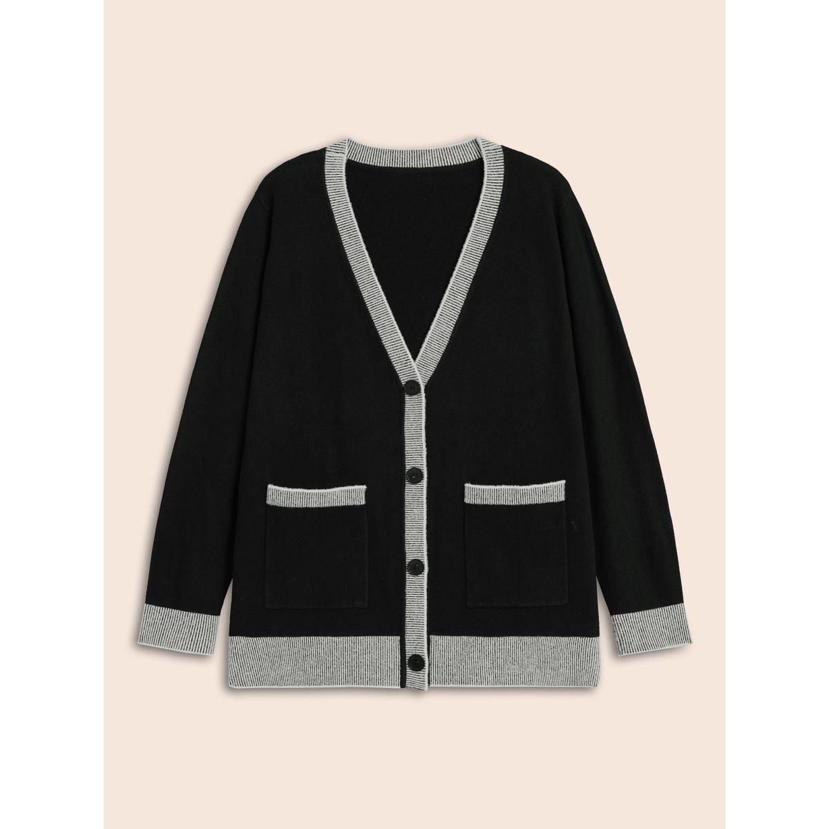 Plus Size Contrast Button Up Pocket Cardigan Black Women Leisure Long Sleeve Casual Cardigans BloomChic 10/M Product Image