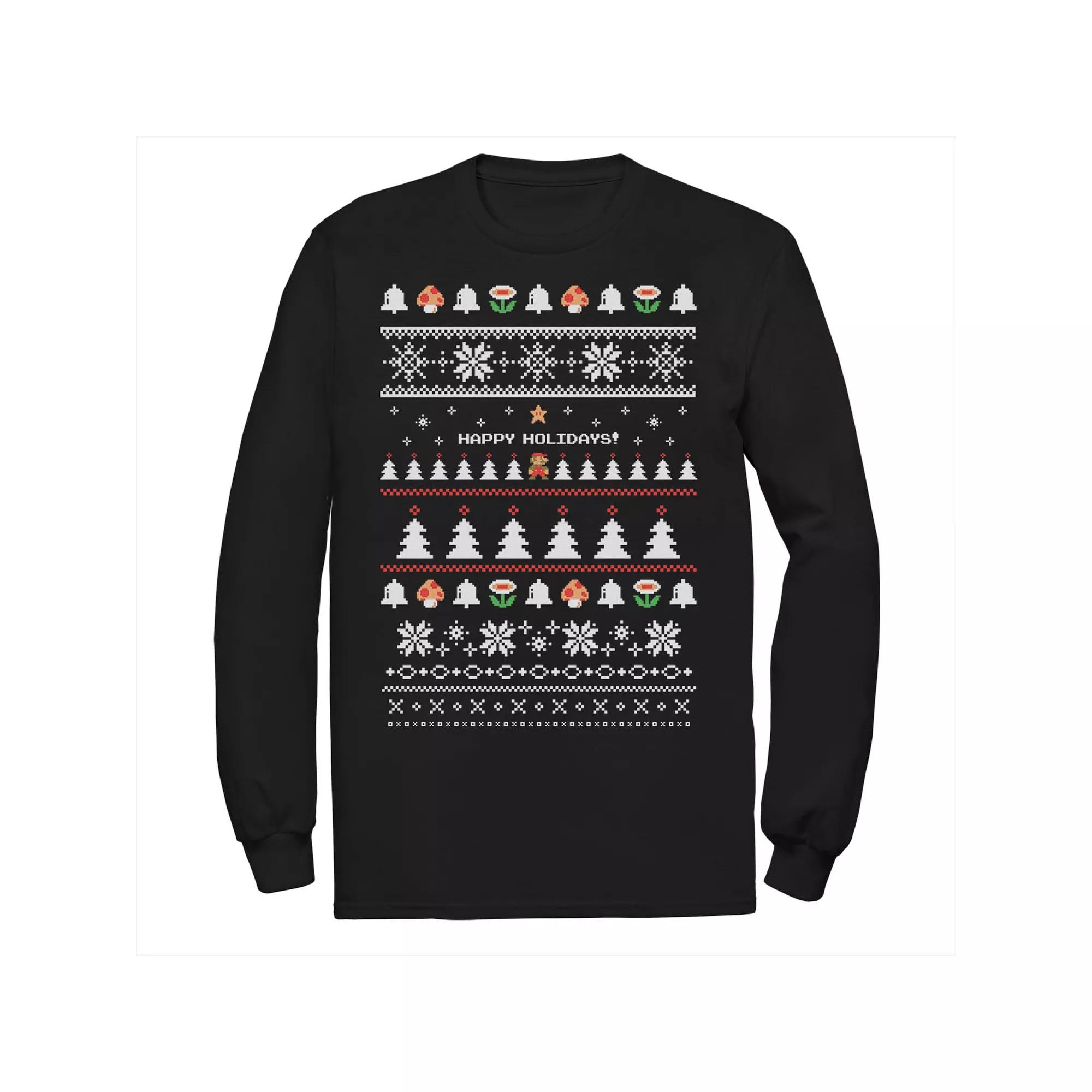Men's Nintendo Super Mario Happy Holidays Pixels Tee,  Product Image