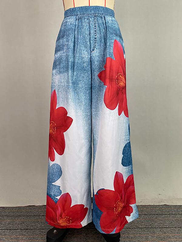 Loose Wide Leg Flower Print Jean Pants Bottoms Trousers Product Image