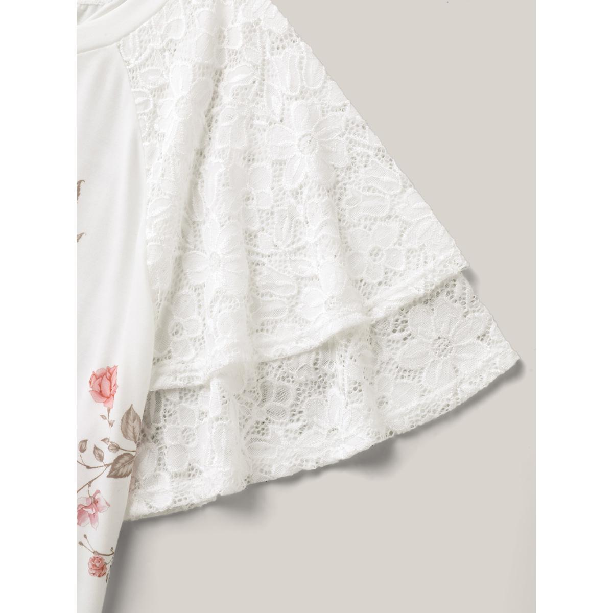 Plus Size Lace Sleeve Layered Floral T-Shirt WhiteSmoke Women Timeless Contrast Natural Flowers Round Neck Elegant T-shirts BloomChic 22-24/3X Product Image