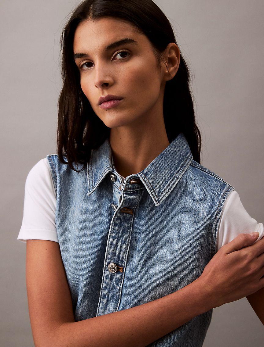 Sleeveless Denim Button-Down Dress Product Image