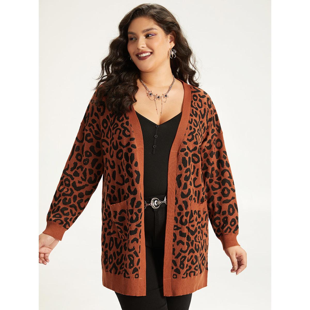 Plus Size Halloween Leopard Print Patched Pocket Split Side Cardigan Leopard Women Casual Loose Long Sleeve Festival-Halloween Cardigans BloomChic 10/M Product Image