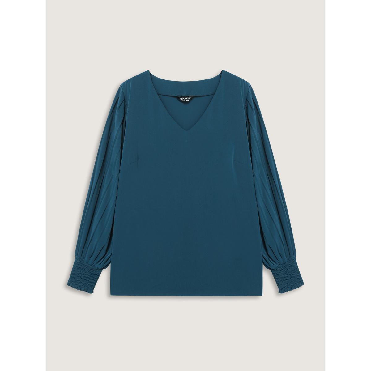 Plus Size Mediumblue Shirred Cuffs Pleated Sleeve Blouse Women Office Long Sleeve V-neck Office Blouses BloomChic 12/L Product Image