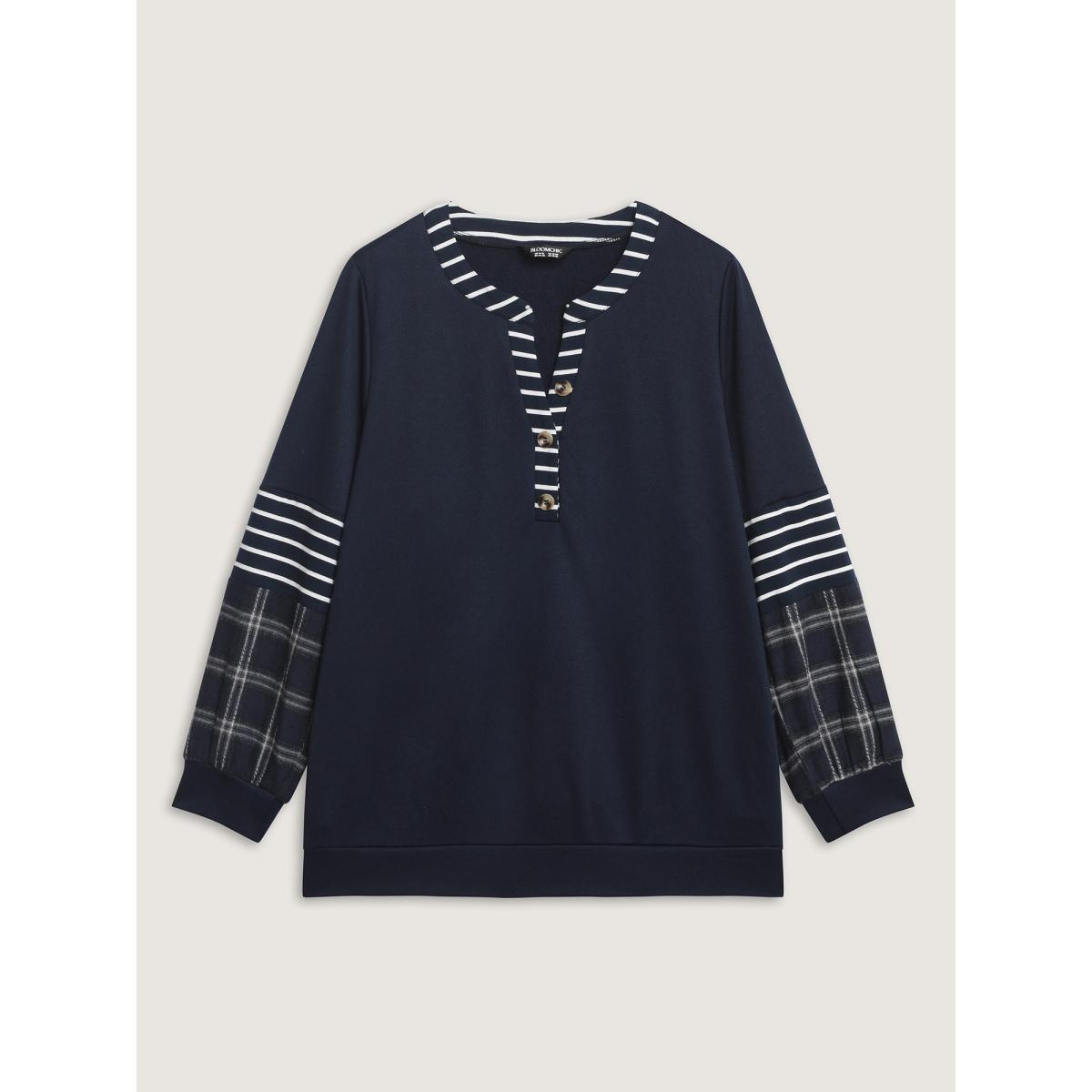 Plus Size Striped Plaid Split Neckline Sweatshirt Women Midnight Leisure Contrast Flat collar with V-notch Casual Sweatshirts BloomChic 26/4X Product Image