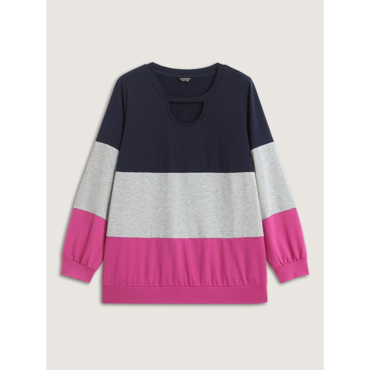 Plus Size Supersoft Color Block Neck Cut-Out Sweatshirt Women Indigo Leisure Round Neck Casual Sweatshirts BloomChic 10/M Product Image