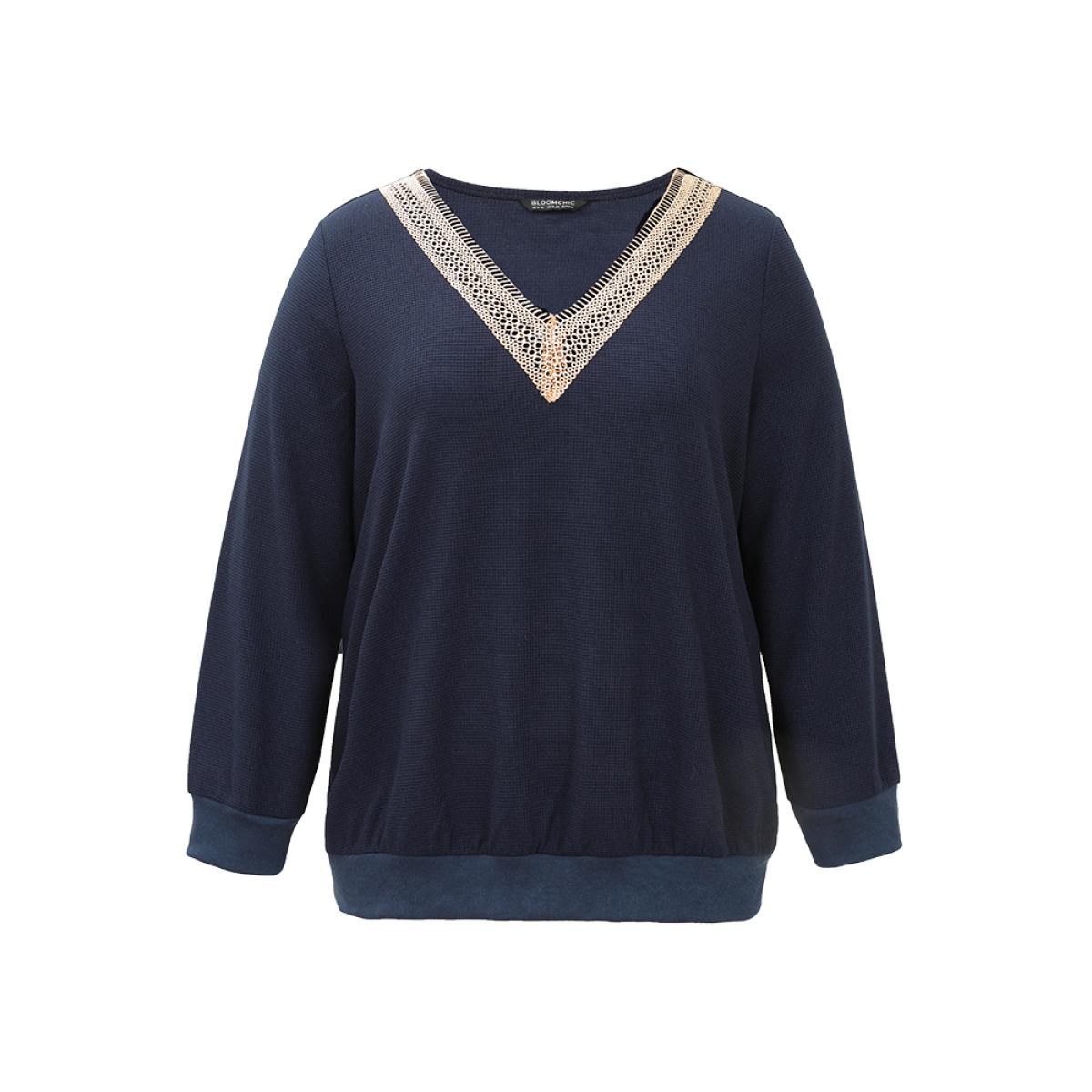 Plus Size Patchwork Lace Panel V Neck Waffle Knit Sweatshirt Women Blue Elegant Rib Knit V-neck Dailywear Sweatshirts BloomChic 12/L Product Image