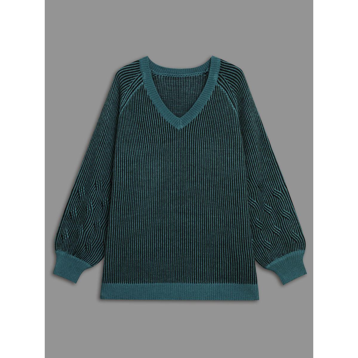 Plus Size Cable Knit V-Neck Raglan Sleeve Pullover Cyan Women Casual Loose Long Sleeve V-neck Everyday Pullovers BloomChic 26/4X Product Image