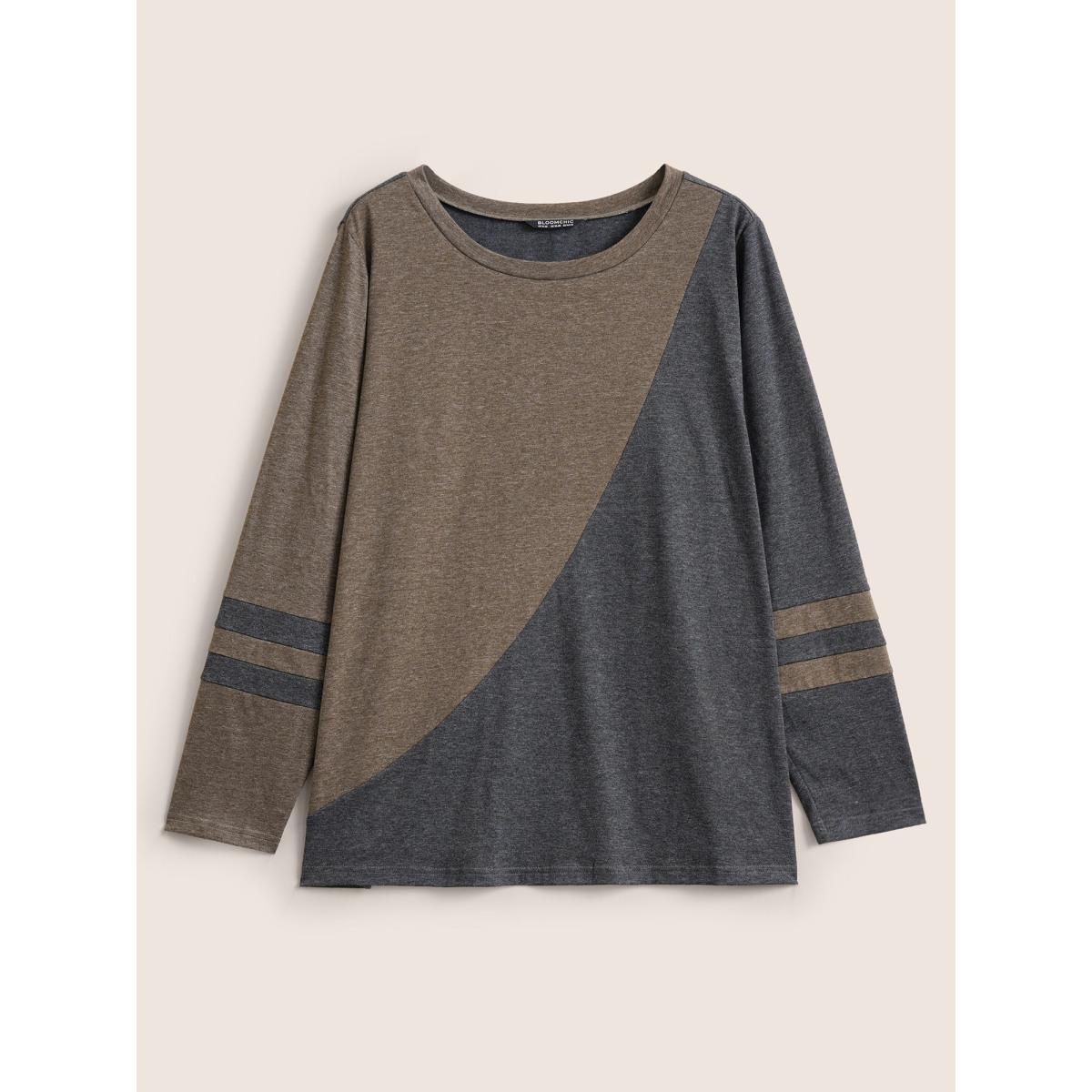 Plus Size Two Tone Contrast Round Neck T-shirt Multicolor Women Casual Contrast Plain Round Neck Everyday T-shirts BloomChic 18-20/2X Product Image
