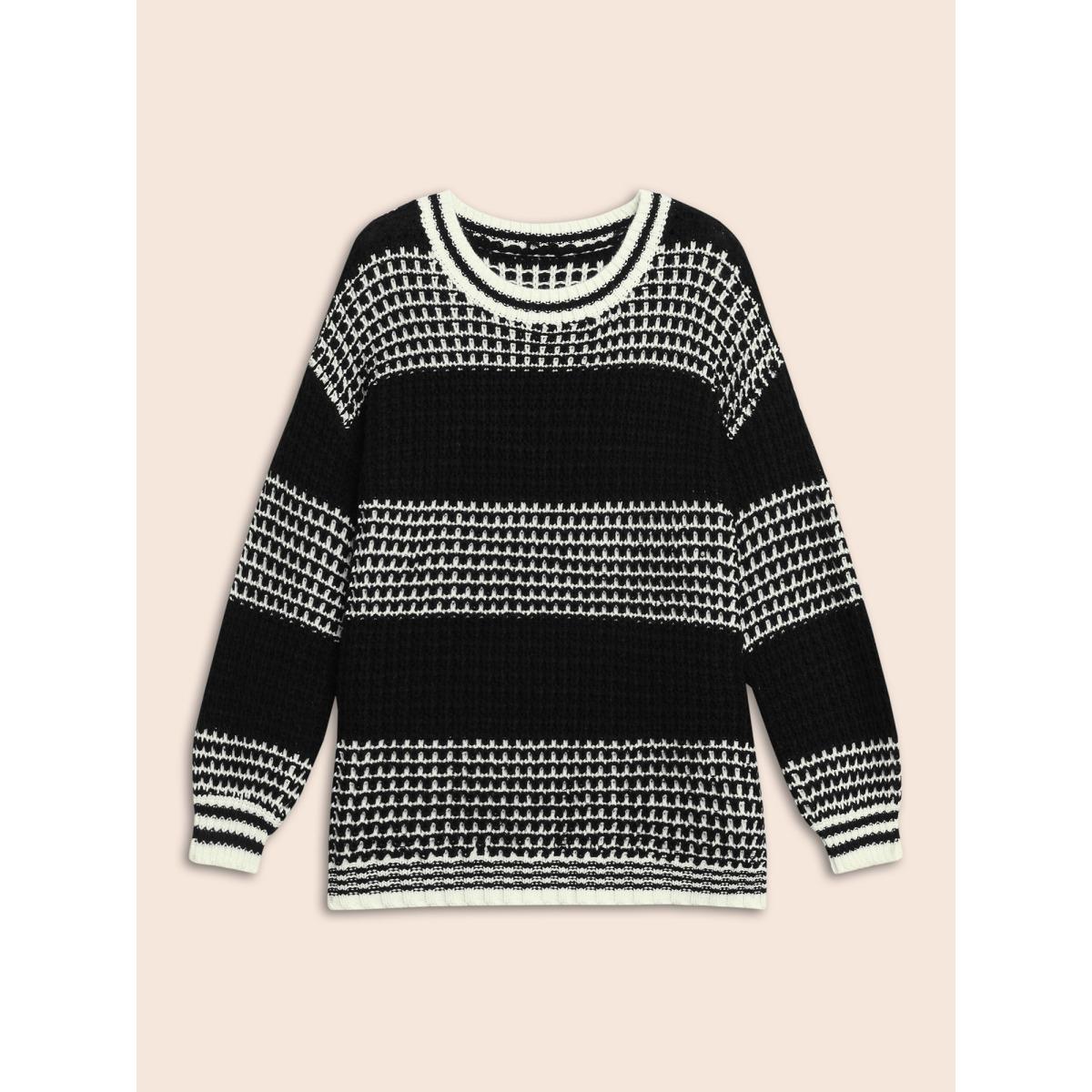 Plus Size Contrast Textured Drop Shoulder Sleeve Pullover Black Women Casual Loose Long Sleeve Round Neck Everyday Pullovers BloomChic 12/L Product Image