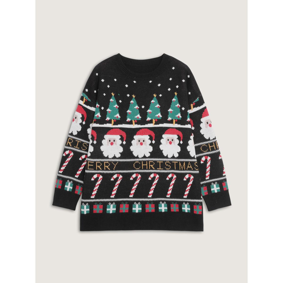 Plus Size Tree Holiday Candy Jacquard Pullover Black Women Leisure Loose Long Sleeve Round Neck Casual Pullovers BloomChic 26/4X Product Image