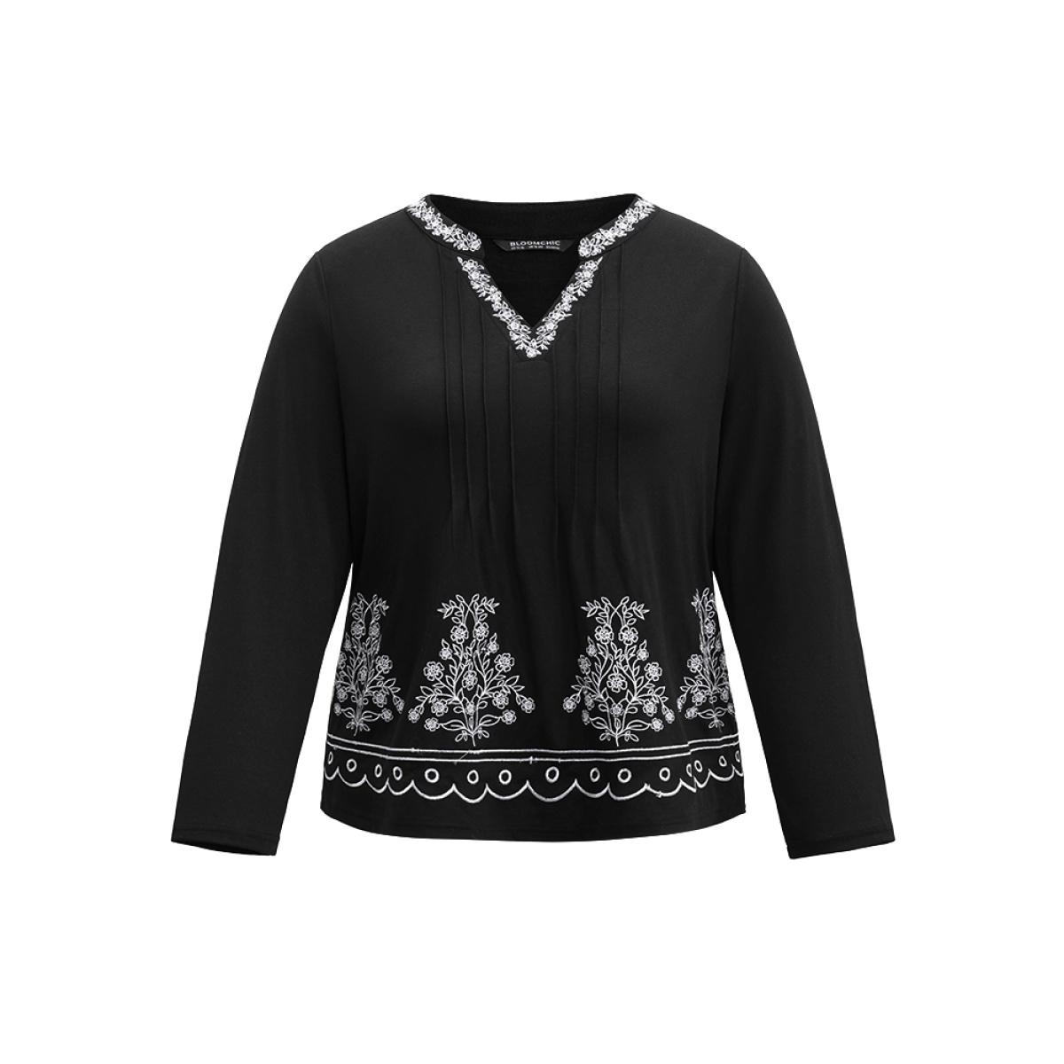 Plus Size Floral Embroidered Notched Pleated T-shirt Black Women Elegant Contrast Silhouette Floral Print Notched collar Dailywear T-shirts BloomChic 12/L Product Image