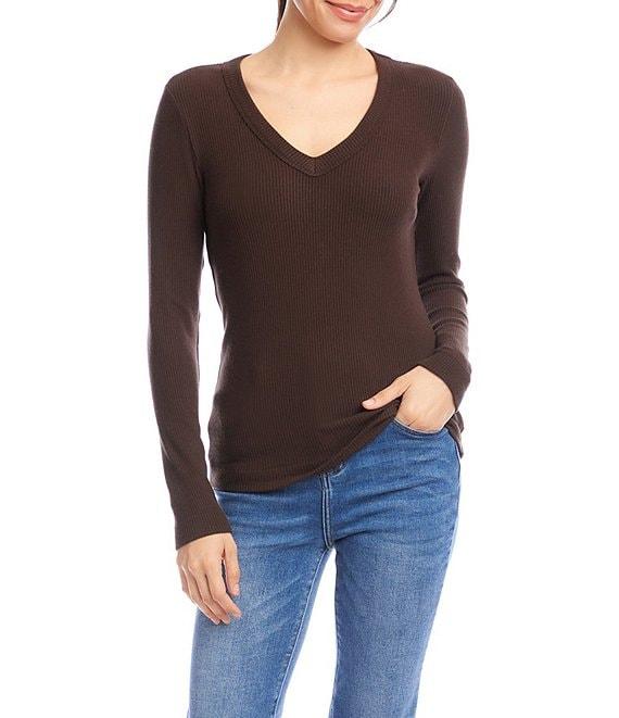 Karen Kane Ribbed Knit V- Neck Long Sleeve Top Product Image