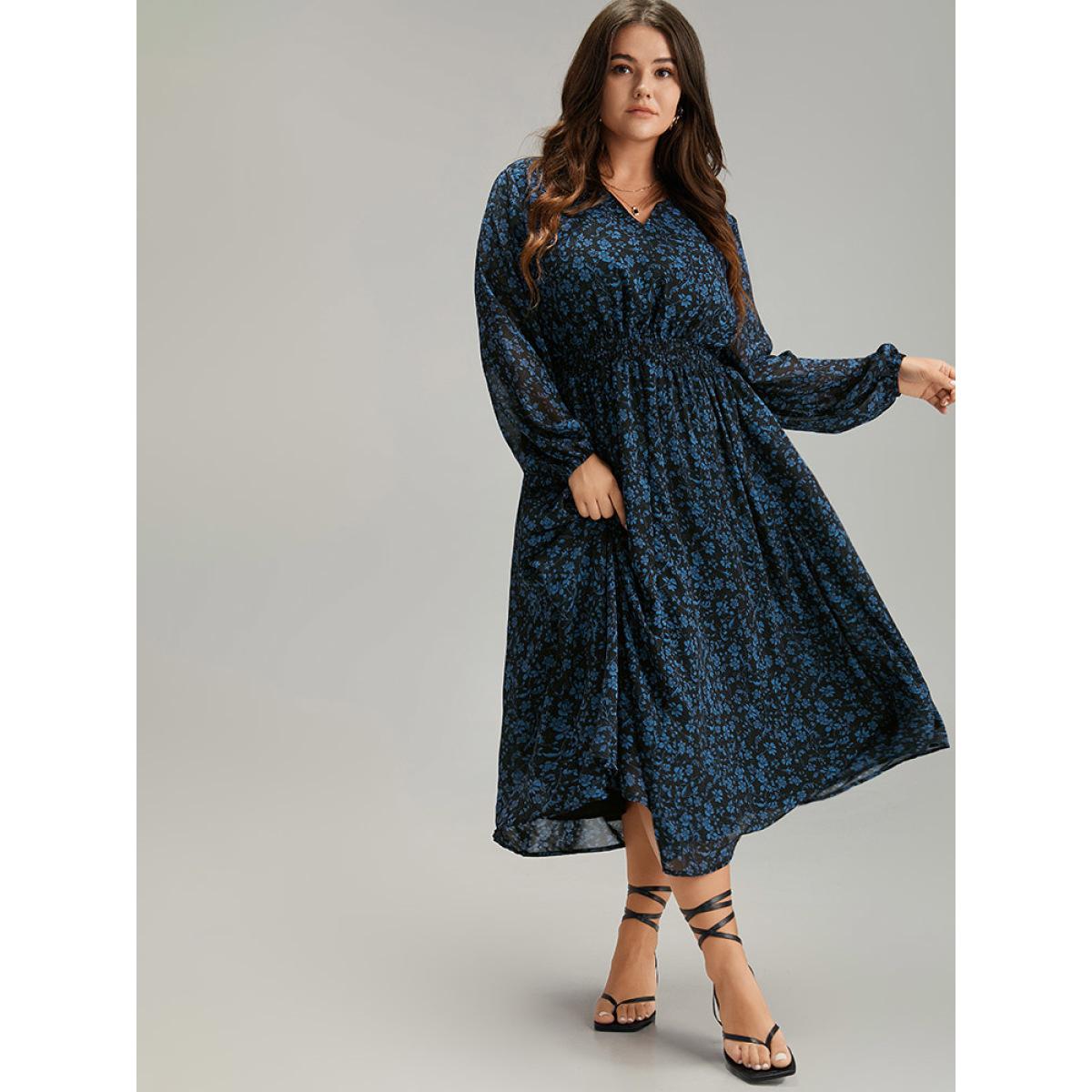 Plus Size Chiffon Ditsy Floral Pocket Shirred Cuffs Dress Scarlet Women Elegant Elastic cuffs V-neck Long Sleeve Curvy Midi Dress BloomChic 10/M Product Image