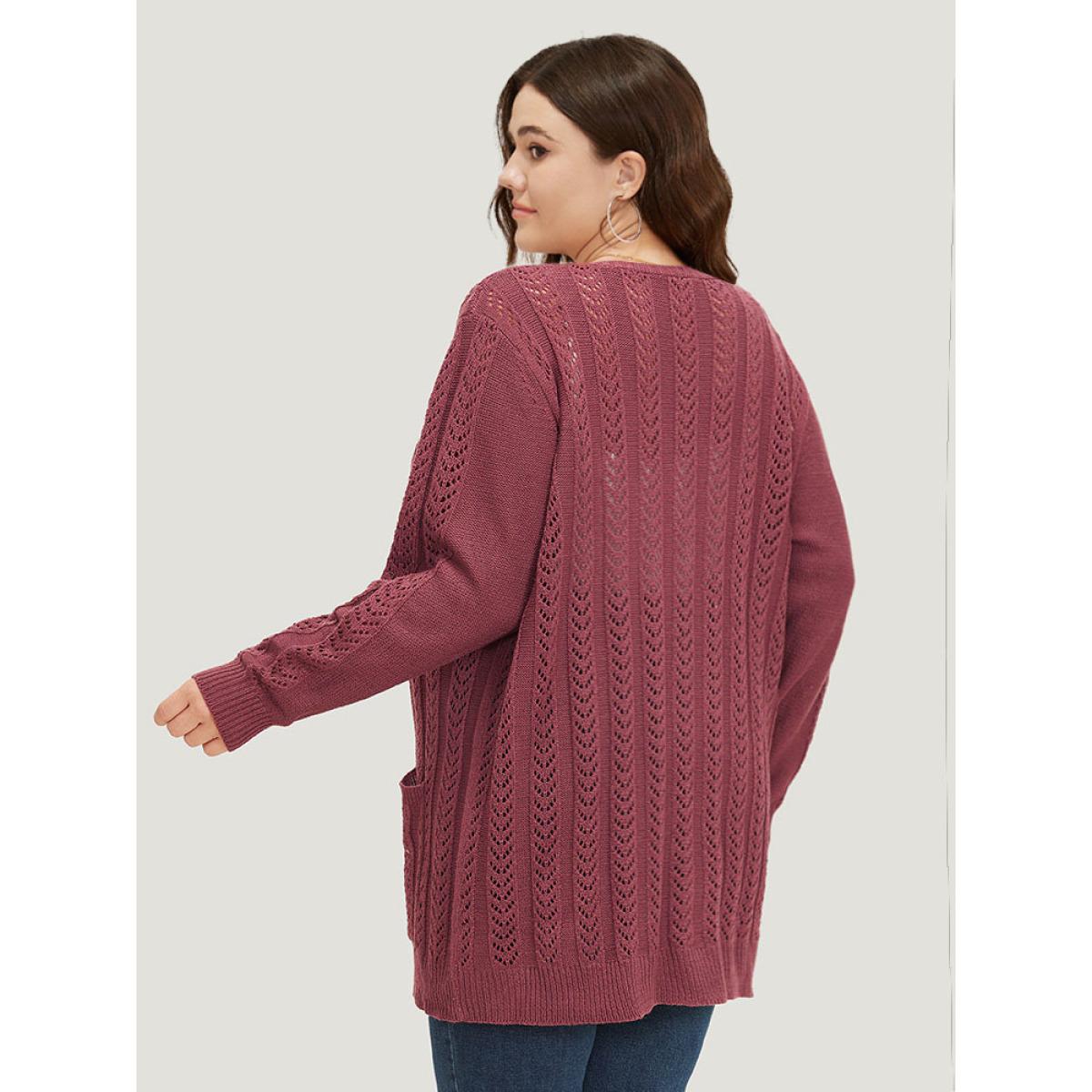 Plus Size Solid Patched Pocket Geo Eyelet Open Front Cardigan Maroon Women Casual Loose Long Sleeve Everyday Cardigans BloomChic 30/6X Product Image