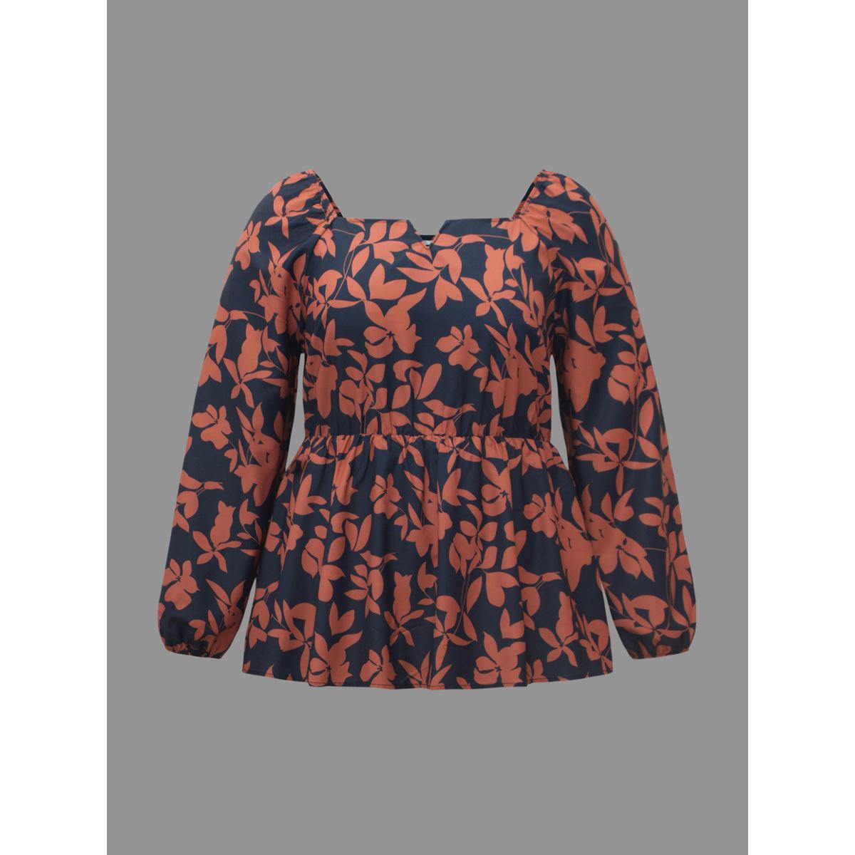 Plus Size Indigo Notched Silhouette Floral Print Lantern Sleeve Blouse Women Elegant Long Sleeve Notched collar Everyday Blouses BloomChic 22-24/3X Product Image
