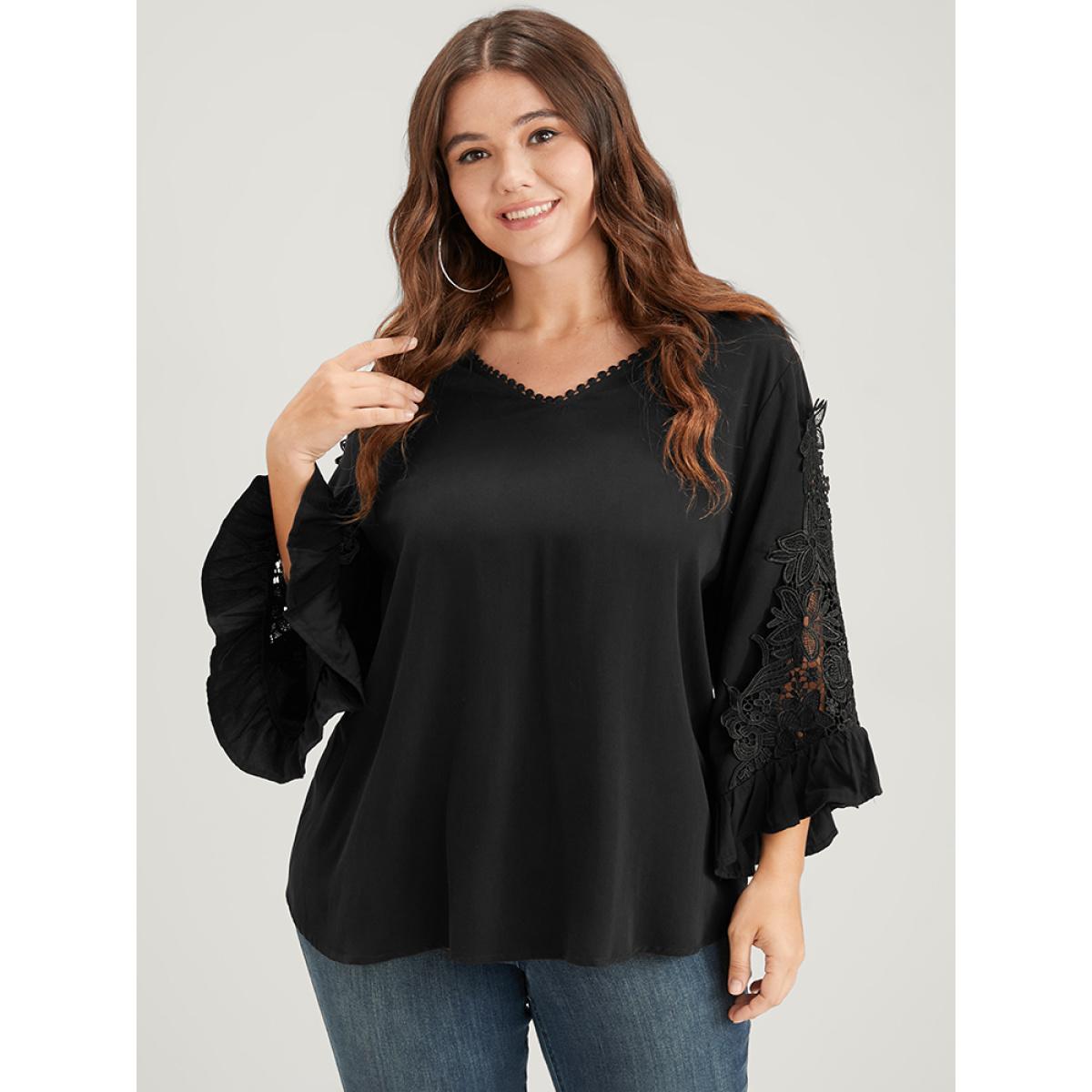 Plus Size Black Solid Lace Flounce Sleeve V Neck Blouse Women Elegant Long Sleeve V-neck Dailywear Blouses BloomChic 22-24/3X Product Image
