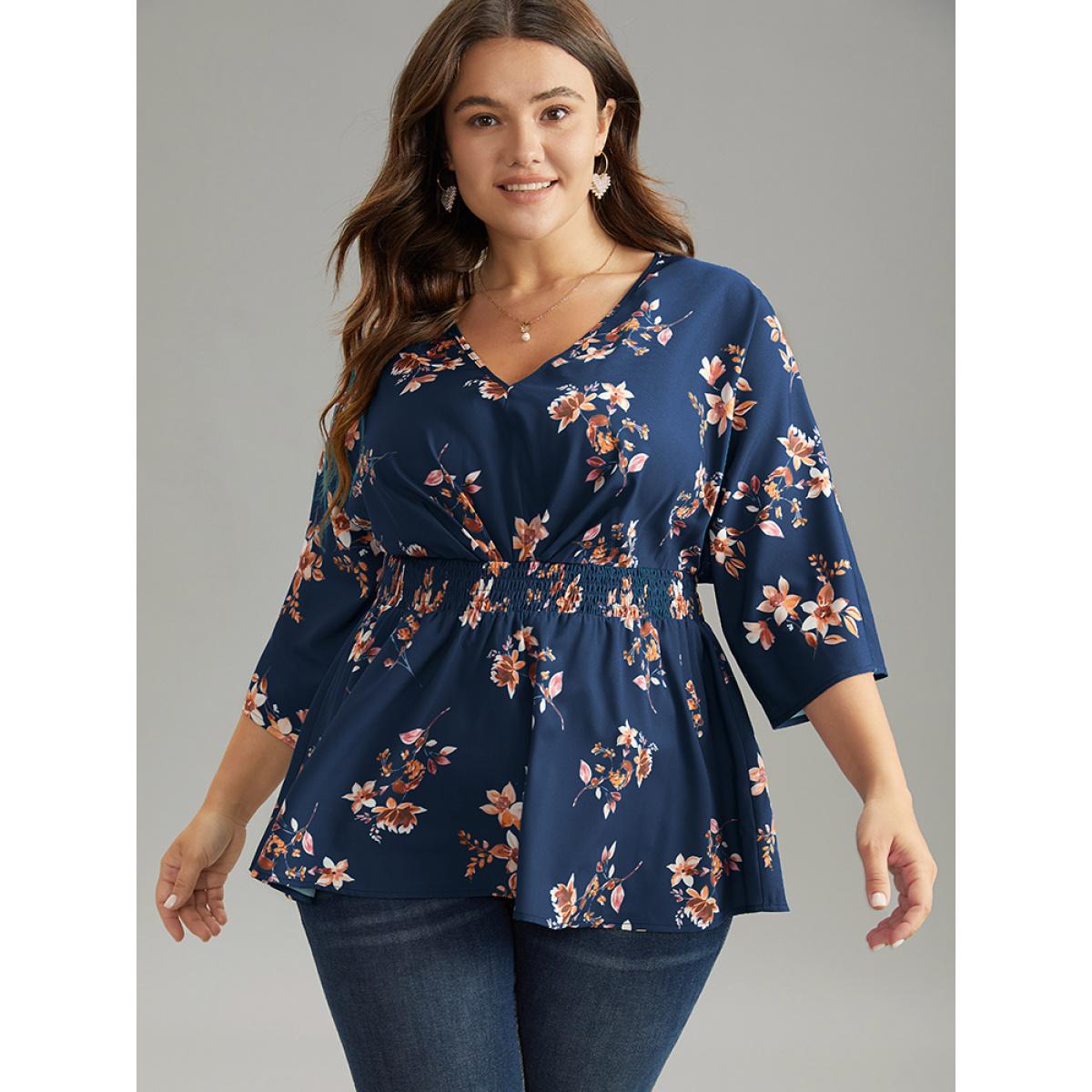 Plus Size Indigo Floral Print Shirred Plicated Detail Blouse Women Elegant Elbow-length sleeve V-neck Dailywear Blouses BloomChic 30/6X Product Image