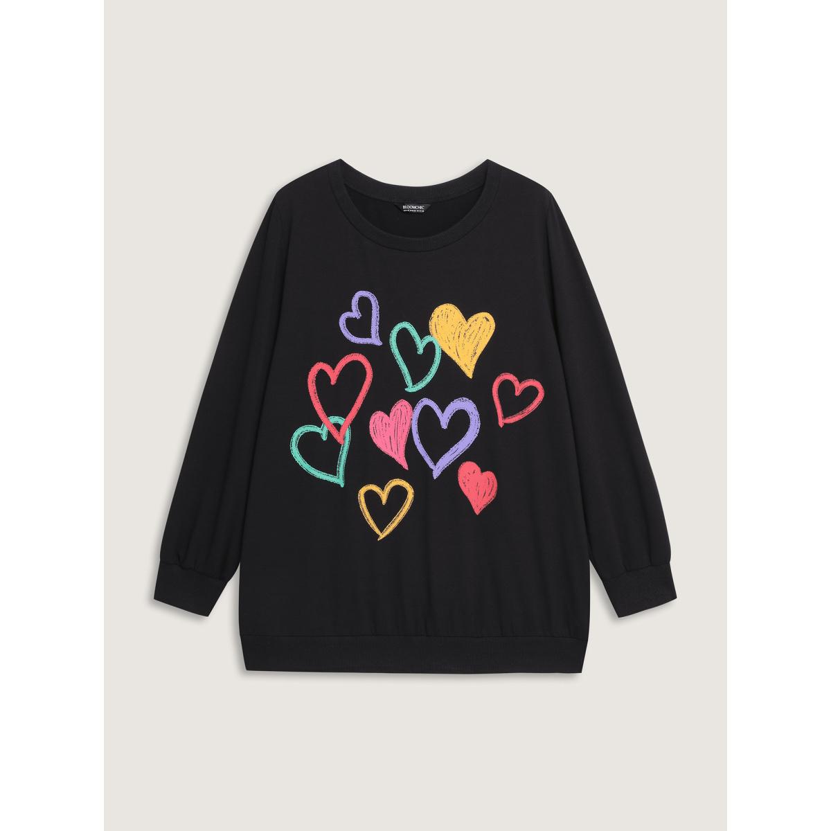 Plus Size Colorful Foam Printed Hearts Stretchy Hem Sweatshirt Women Black Playful Round Neck Casual Sweatshirts BloomChic 10/M Product Image