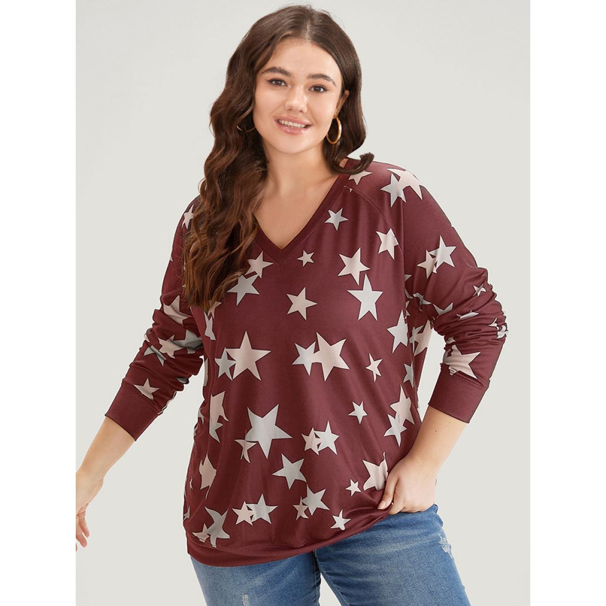 Plus Size Star Print V Neck Raglan Sleeve Sweatshirt Women Raspberry Elegant Elastic cuffs V-neck Dailywear Sweatshirts BloomChic 14-16/1X Product Image