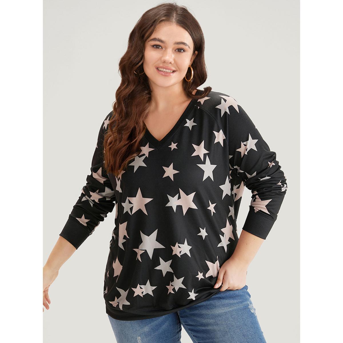 Plus Size Star Print V Neck Raglan Sleeve Sweatshirt Women Black Elegant Elastic cuffs V-neck Dailywear Sweatshirts BloomChic 22-24/3X Product Image