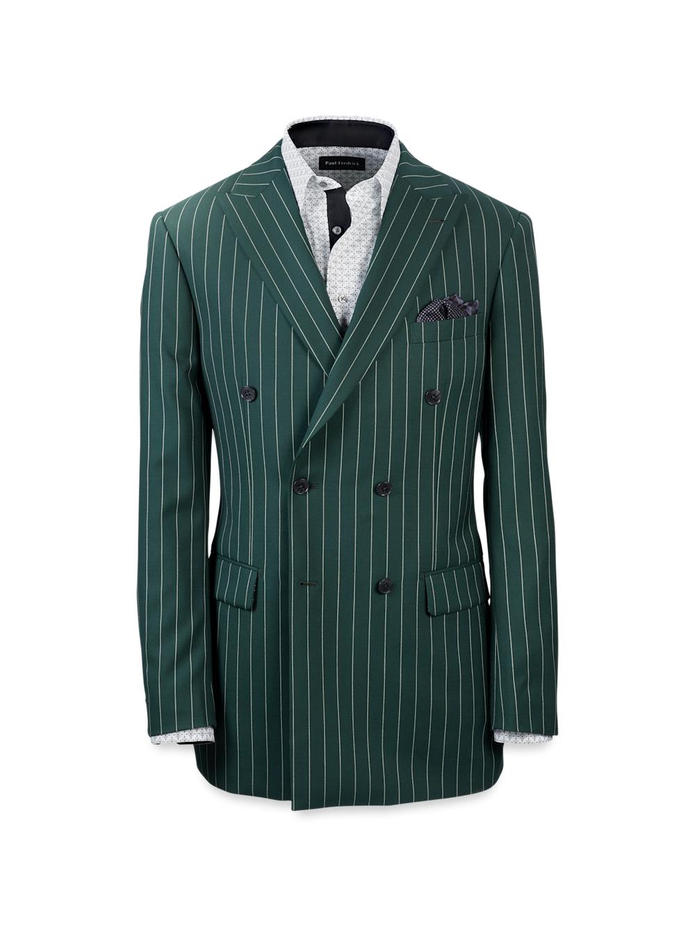 Wool Stretch Stripe Double Breasted Peak Lapel Suit Jacket - Dark Green Product Image