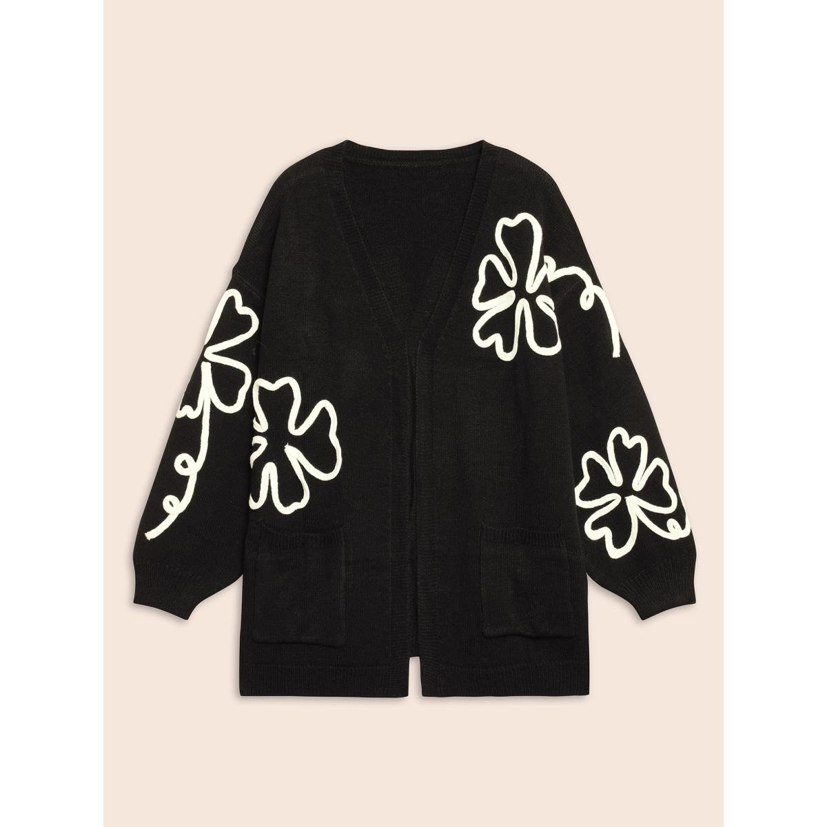 Plus Size Crochet Floral Kimono Collar Pocket Cardigan Black Women Casual Loose Long Sleeve Everyday Cardigans BloomChic 30/6X Product Image