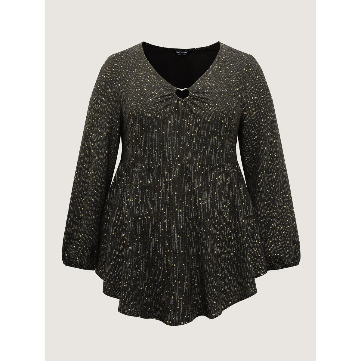 Plus Size Black Gold Stamp Ruched Neckline Flowy Blouse Women Party&Cocktail Extra Long Sleeve V-neck Party Blouses BloomChic 12/L Product Image