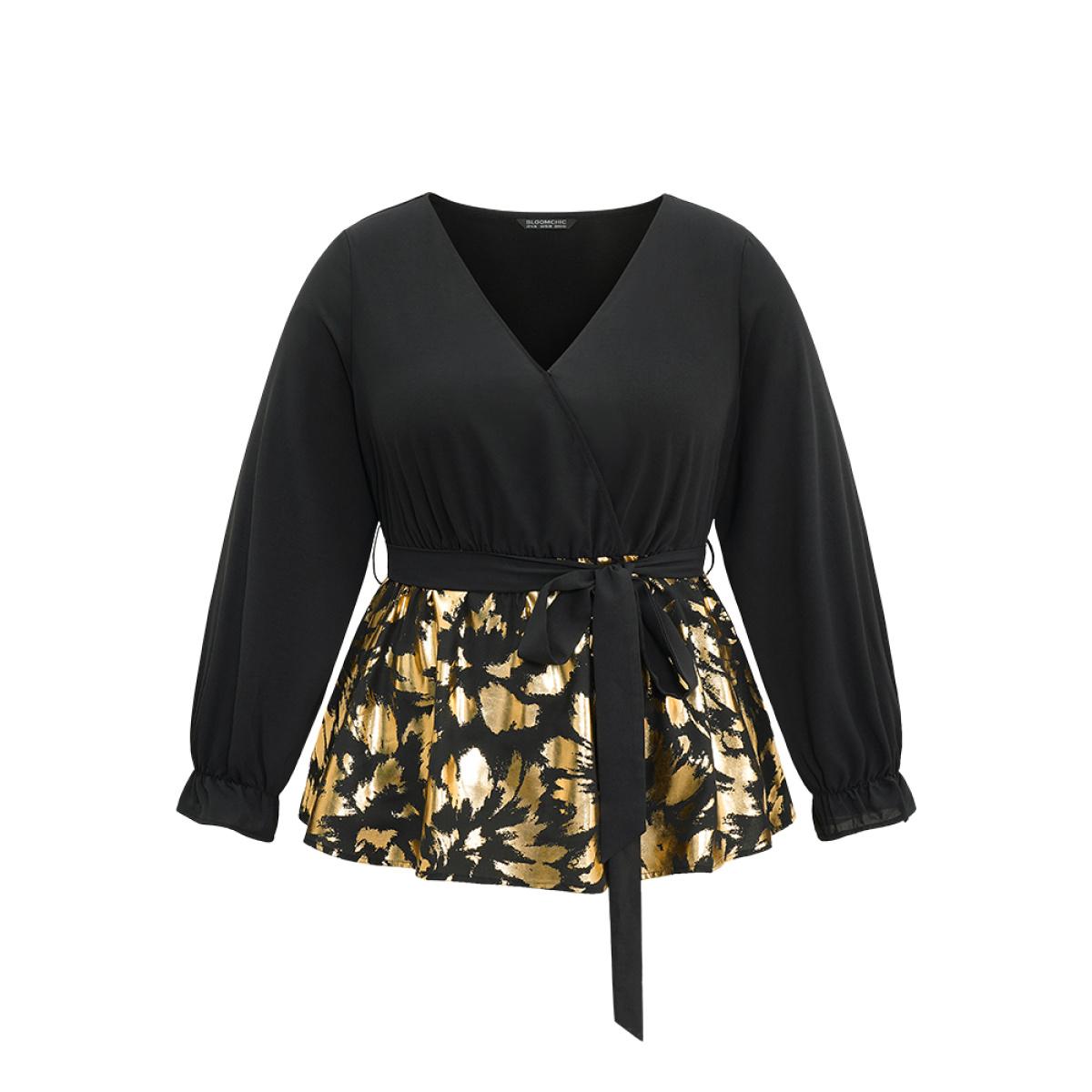 Plus Size Black Glitter Patchwork Ruffles Wrap Belted Blouse Women Cocktail Long Sleeve Overlap Collar Party Blouses BloomChic 22-24/3X Product Image