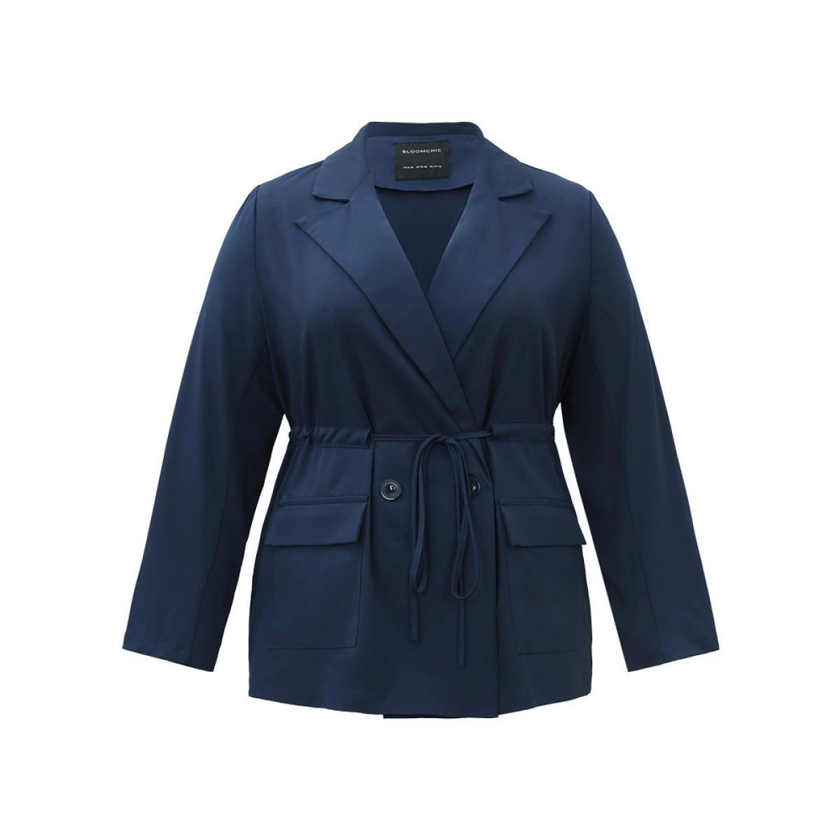 Plus Size Button Up Drawstring Pocket Blazer Indigo Women Office Plain Plain Sleeve Long Sleeve Lapel Collar 26/4X Pocket At the Office Blazers BloomChic Product Image