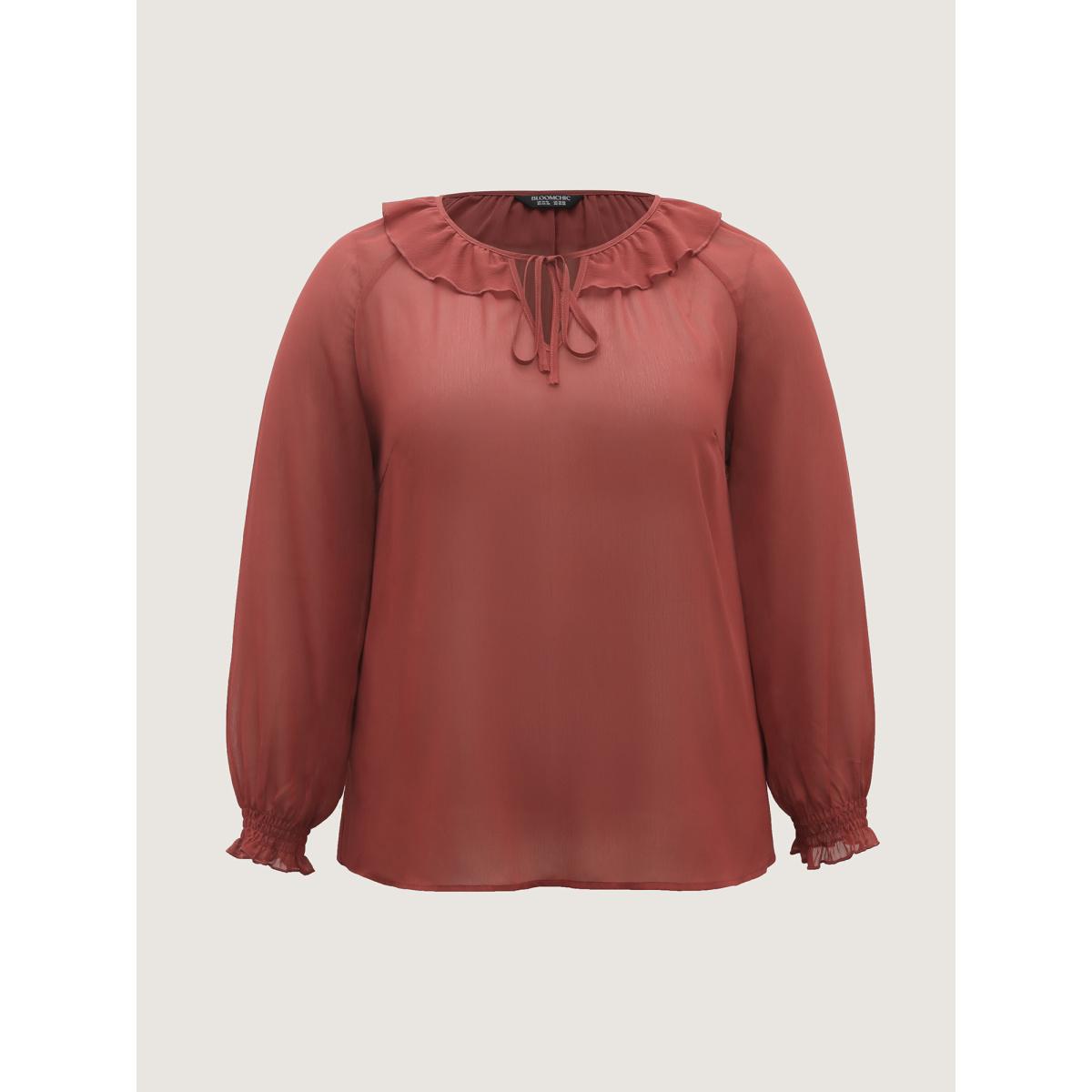 Plus Size Rust Sheer Ruffled Neck Flowy Solid Blouse Women Boho Extra Long Sleeve Notched collar Vacation Blouses BloomChic 14-16/1X Product Image