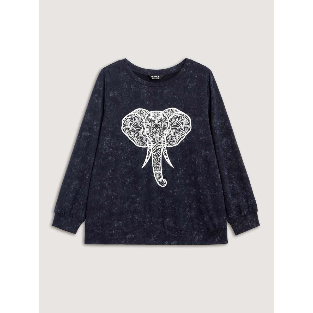 Plus Size Elephant Motif Crew Neck Sweatshirt Women Indigo Non Round Neck Casual Sweatshirts BloomChic 10/M Product Image