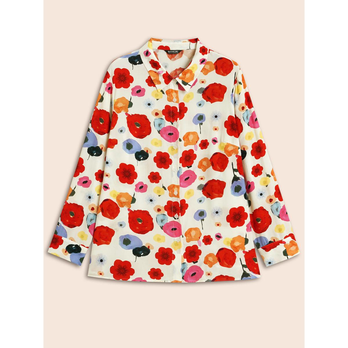 Plus Size Multicolor Contrast Floral Shirt Collar Blouse Women Elegant Long Sleeve Shirt collar Everyday Blouses BloomChic 18-20/2X Product Image
