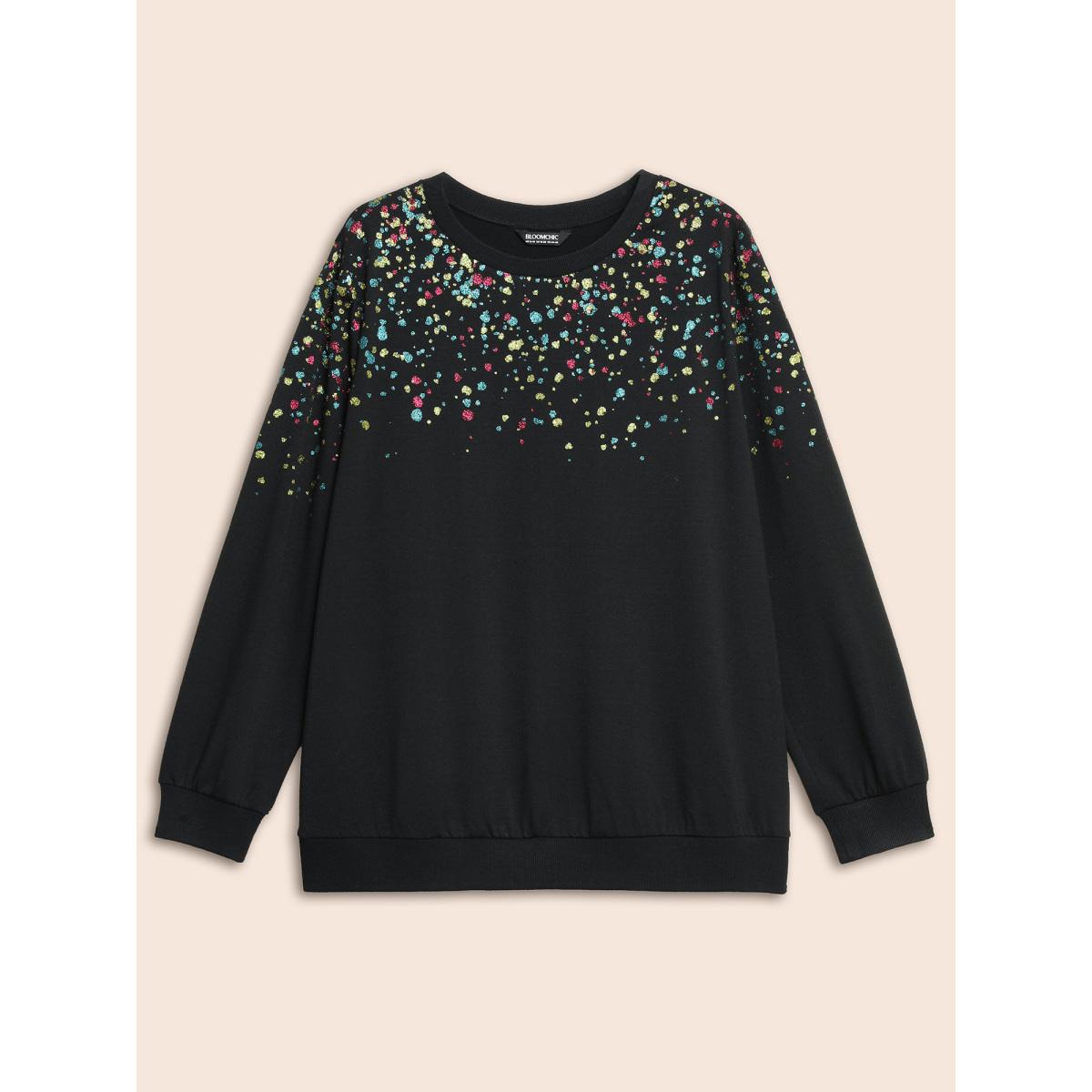 Plus Size Crew Neck Color Glitter Sweatshirt Women Black Casual Patchwork Round Neck Everyday Sweatshirts BloomChic 22-24/3X Product Image