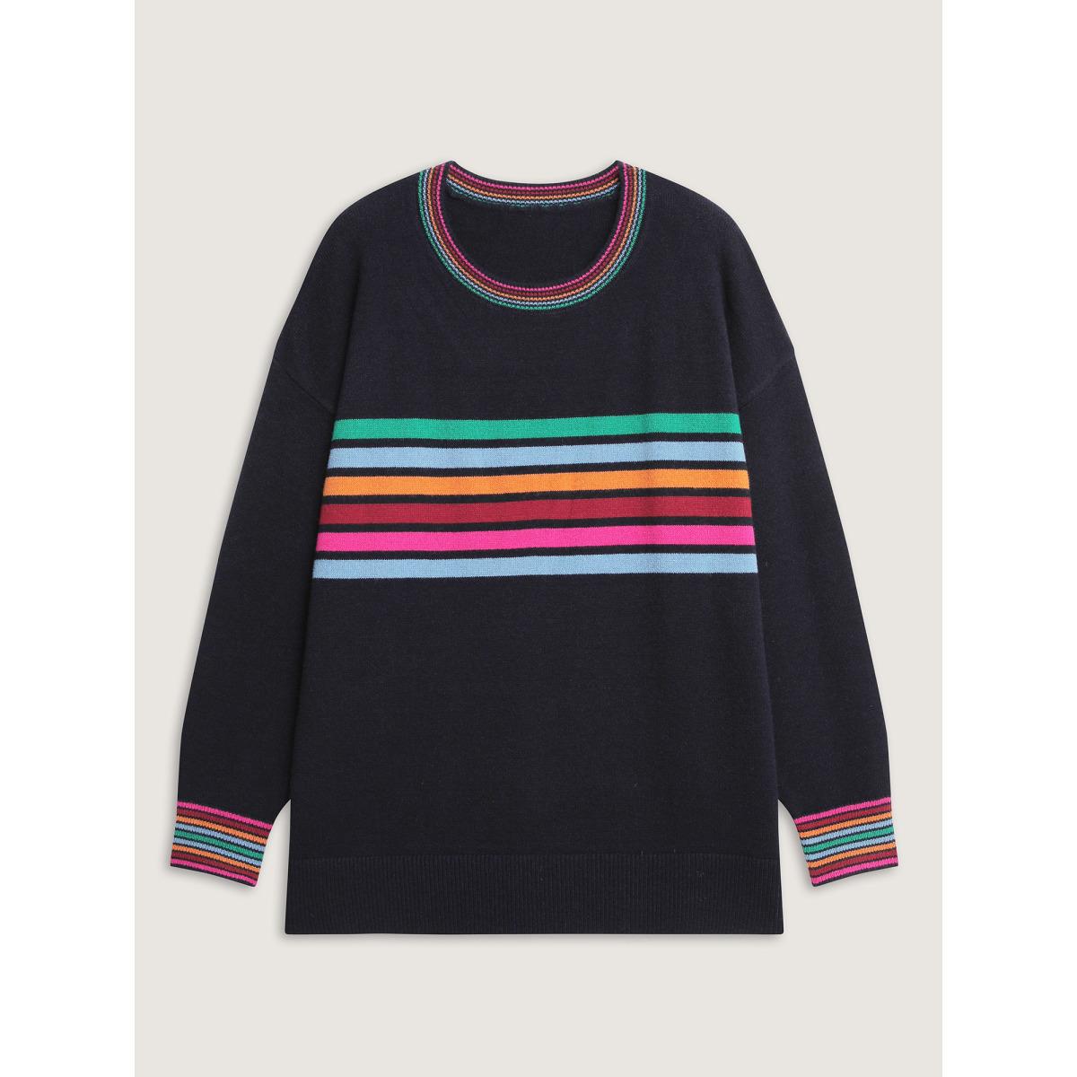 Plus Size Supersoft Colorful Stripe Pullover Indigo Women Leisure Loose Long Sleeve Round Neck Casual Pullovers BloomChic 22-24/3X Product Image
