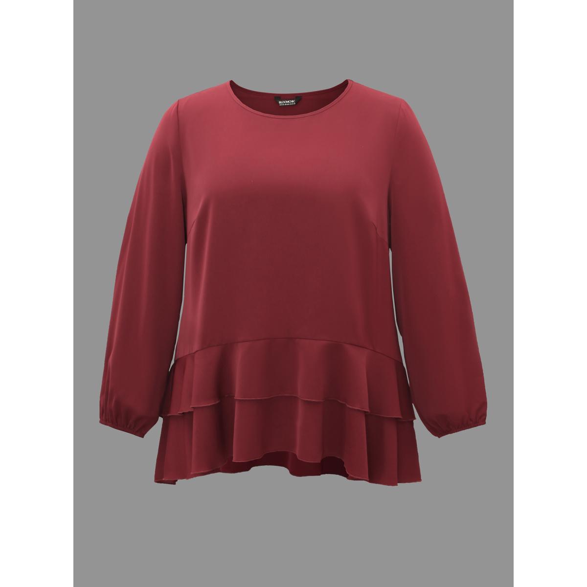 Plus Size Scarlet Plain Tiered Ruffle Hem Lantern Sleeve Blouse Women Elegant Long Sleeve Round Neck Everyday Blouses BloomChic 18-20/2X Product Image