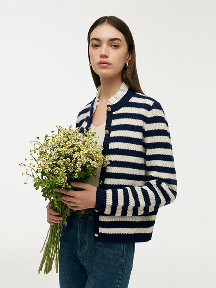 Blue And White Stripe Women Cardigan With Detachable Ruffle Collar Product Image